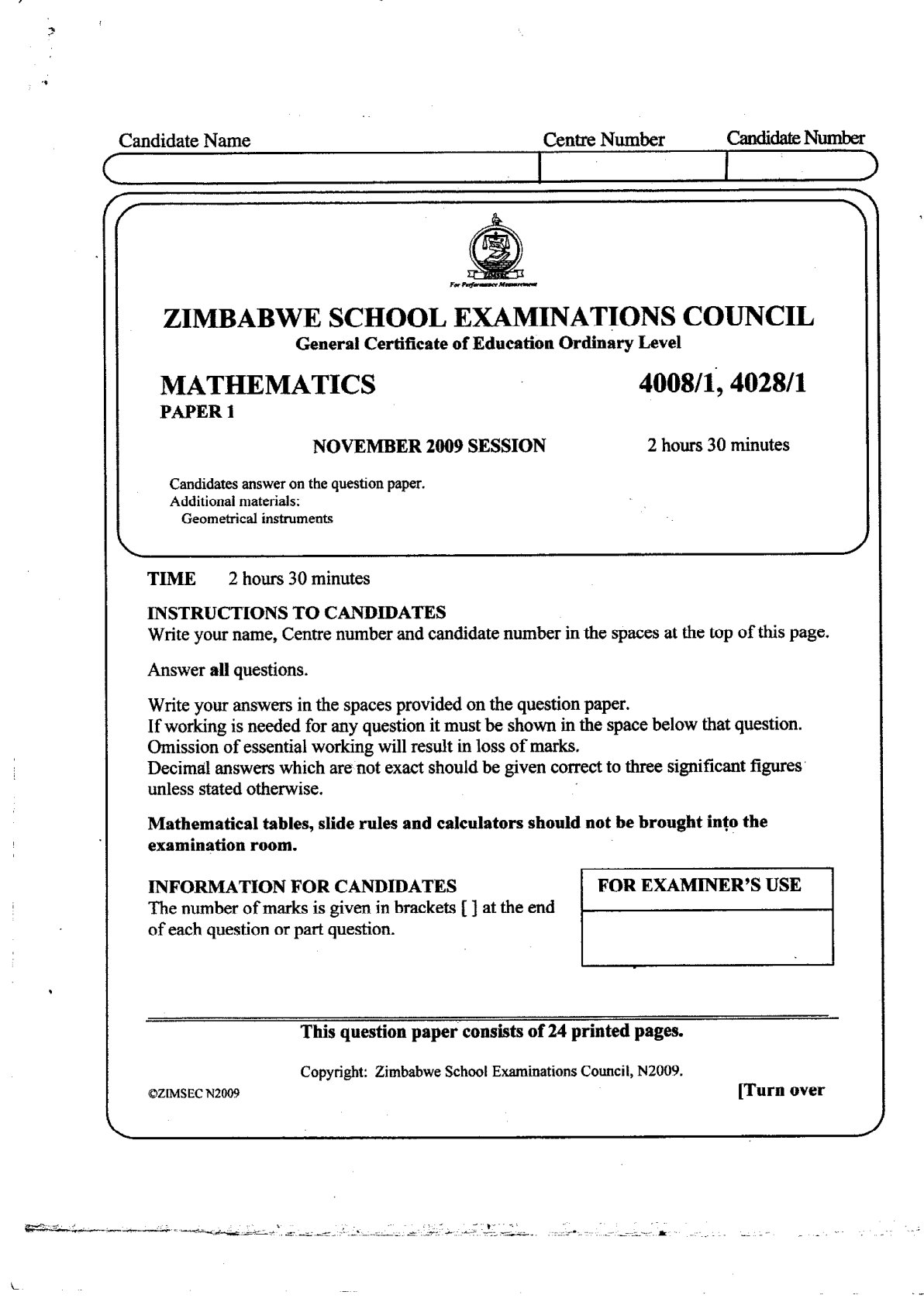 First page of ZIMSEC O-Level Mathematics Paper 1 November 2009 Question Paper