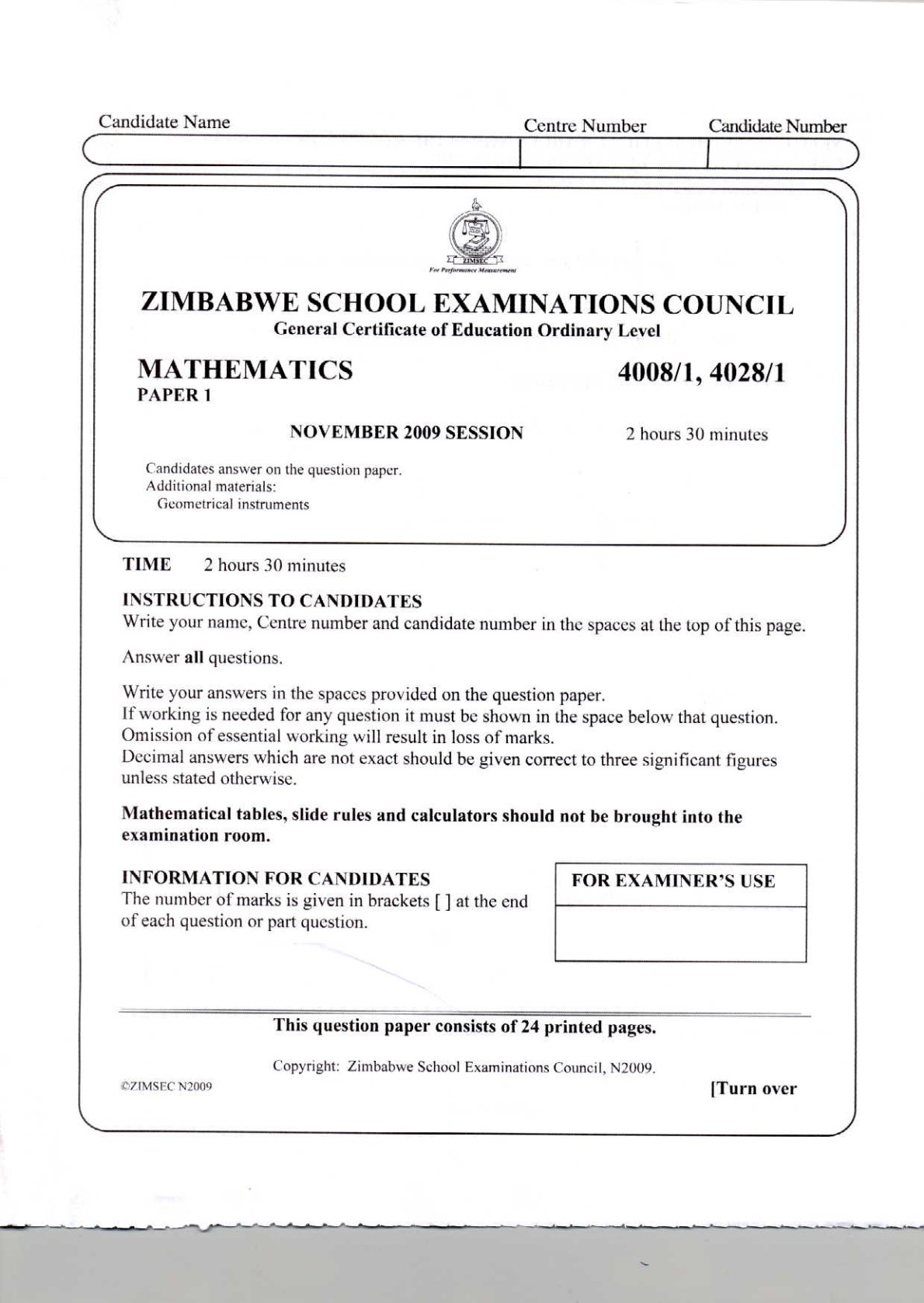 First page of ZIMSEC O-Level Mathematics Paper 1 November 2009 Question Paper