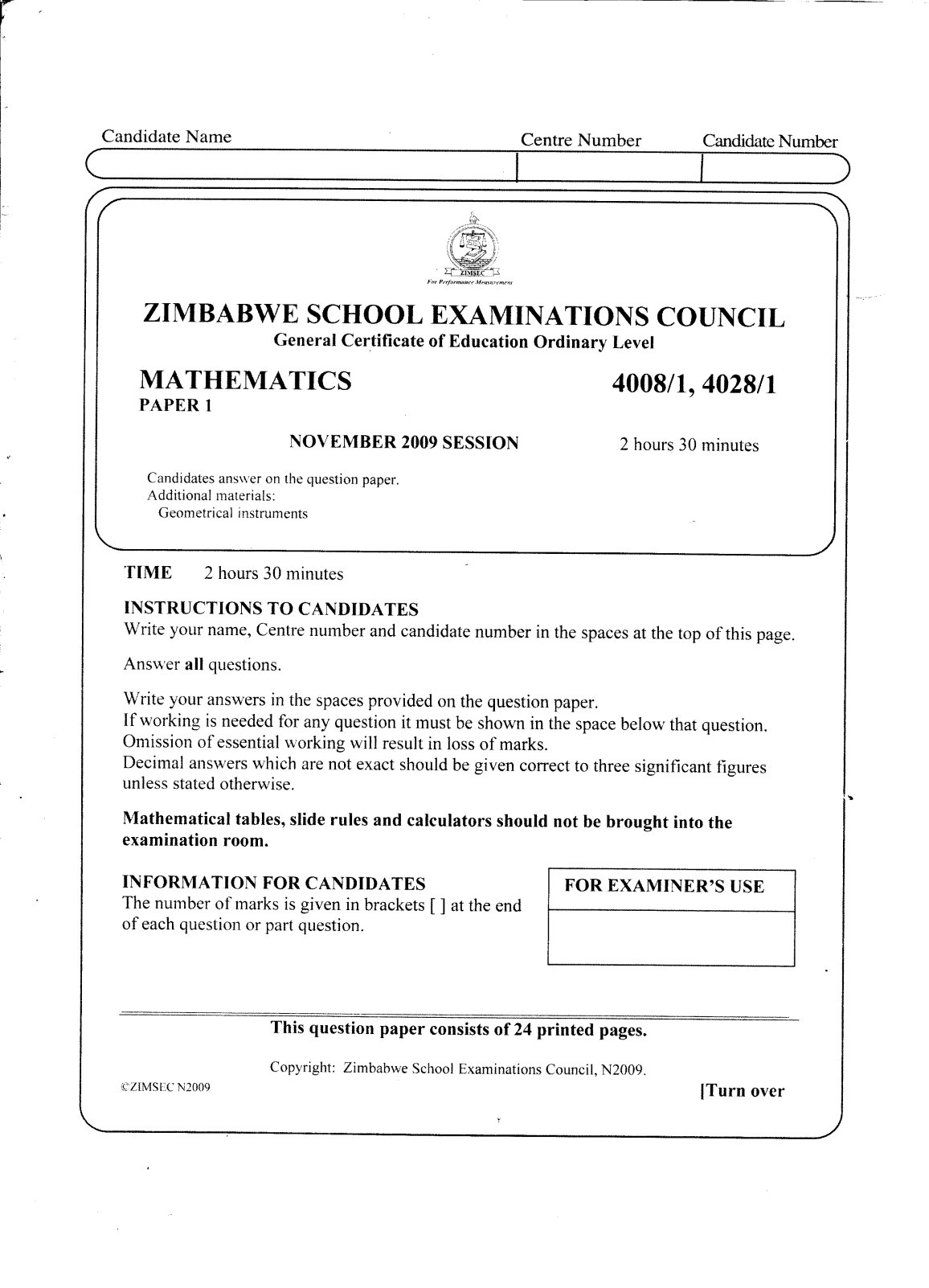 First page of ZIMSEC O-Level Mathematics Paper 1 November 2009 Question Paper