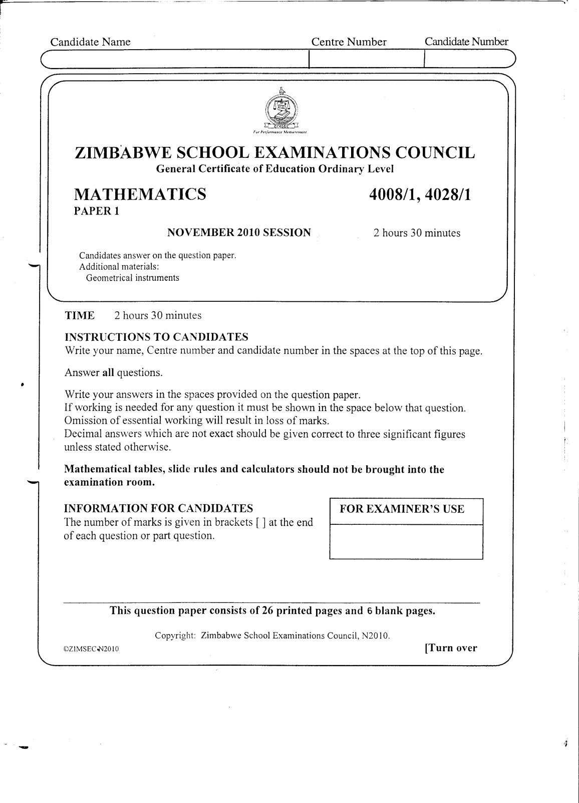First page of ZIMSEC O-Level Mathematics Paper 1 November 2010 Question Paper