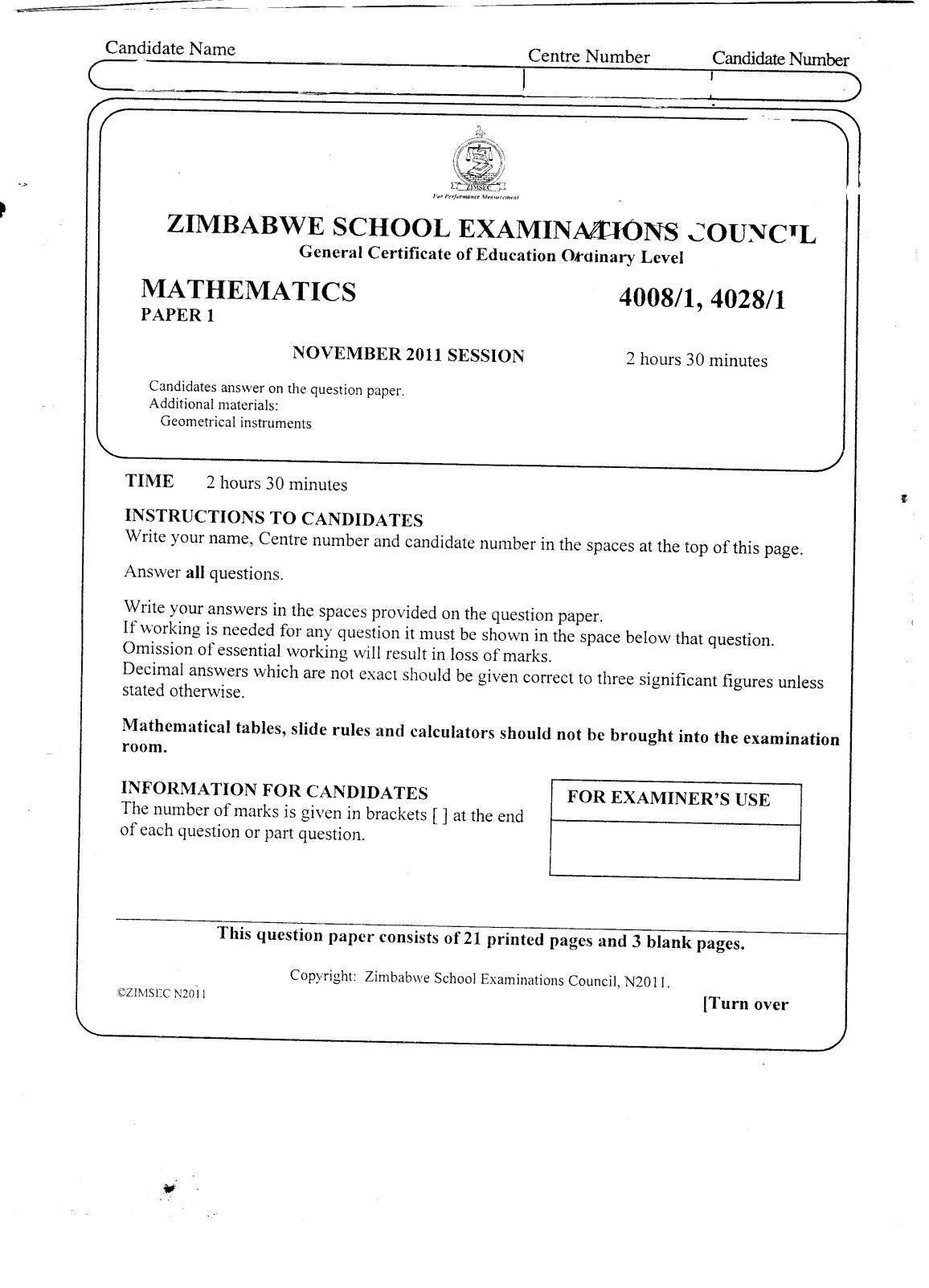 First page of ZIMSEC O-Level Mathematics Paper 1 November 2011 Question Paper