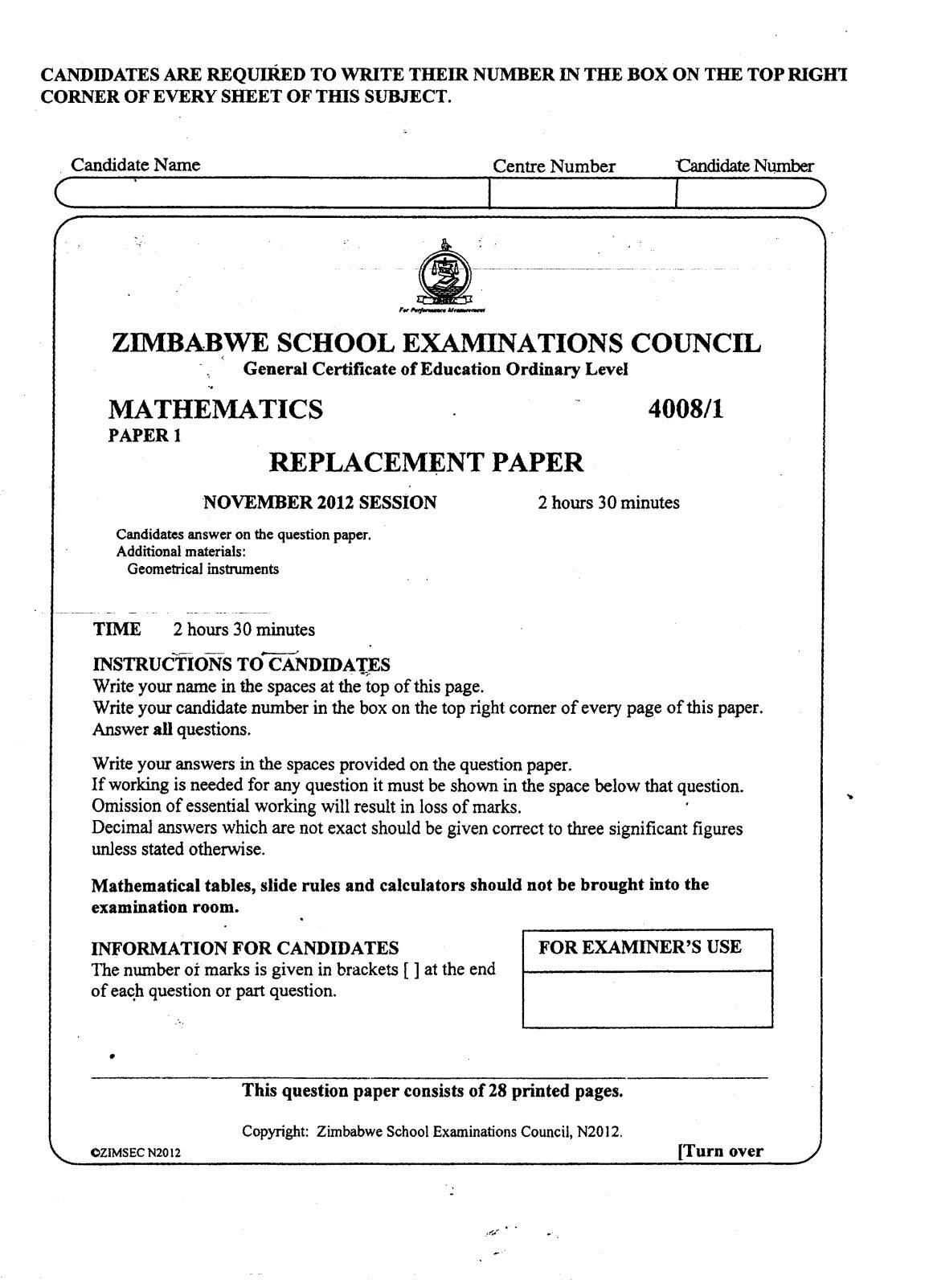 First page of ZIMSEC O-Level Mathematics Paper 1 November 2012 Question Paper