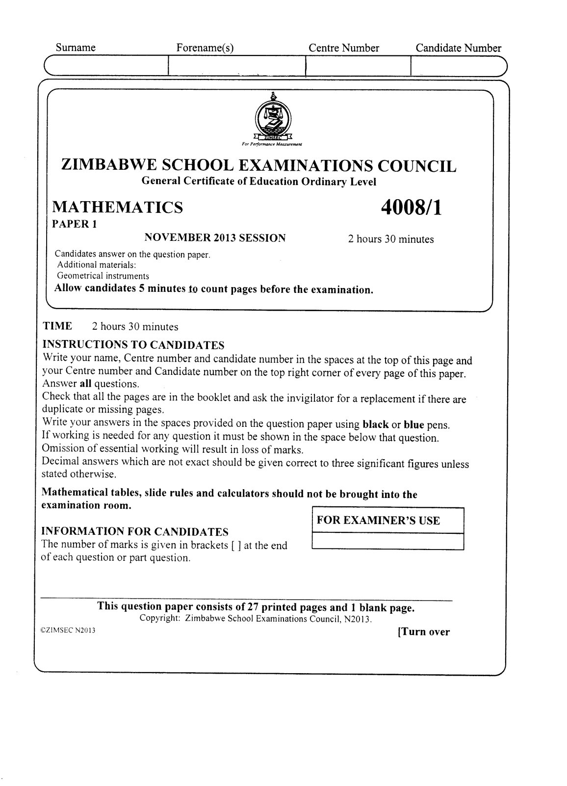 First page of ZIMSEC O-Level Mathematics Paper 1 November 2013 Question Paper