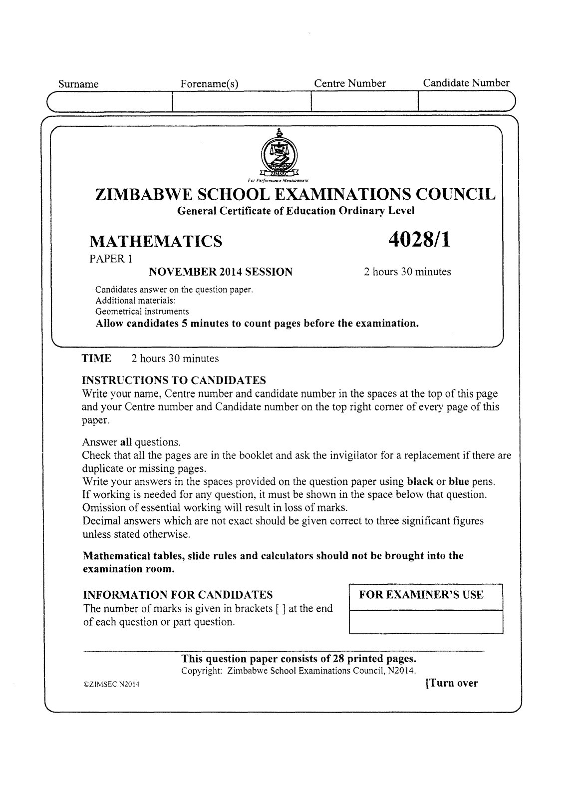 First page of ZIMSEC O-Level Mathematics Paper 1 November 2014 Question Paper