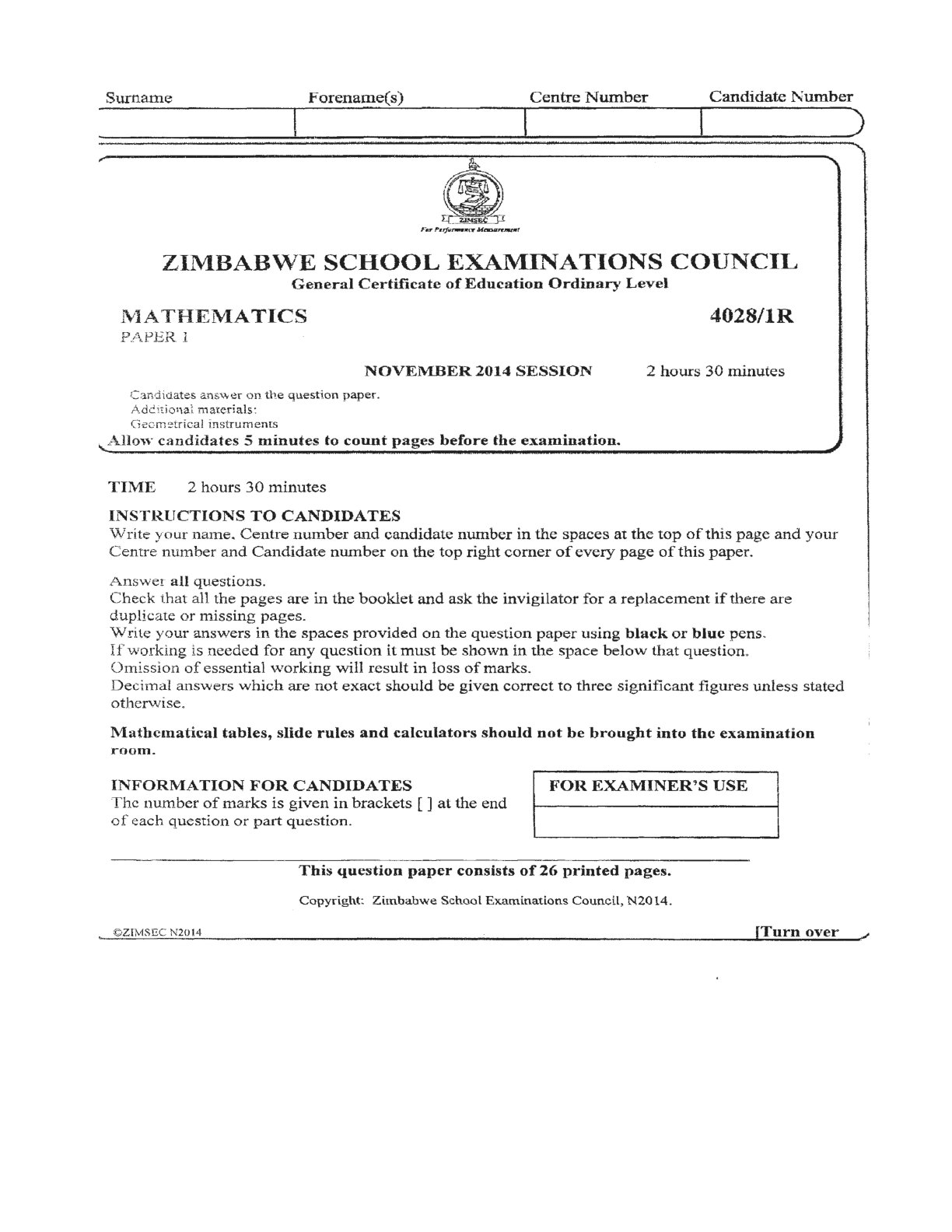 First page of ZIMSEC O-Level Mathematics Paper 1 November 2014 Question Paper