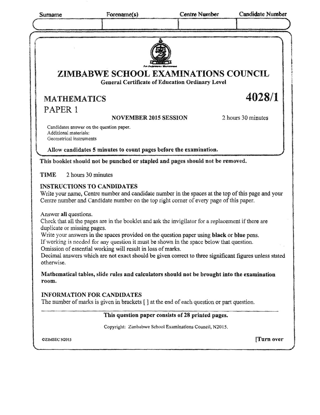 First page of ZIMSEC O-Level Mathematics Paper 1 November 2015 Question Paper