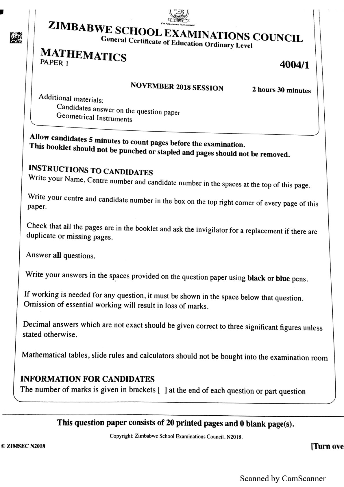 First page of ZIMSEC O-Level Mathematics Paper 1 November 2018 Question Paper