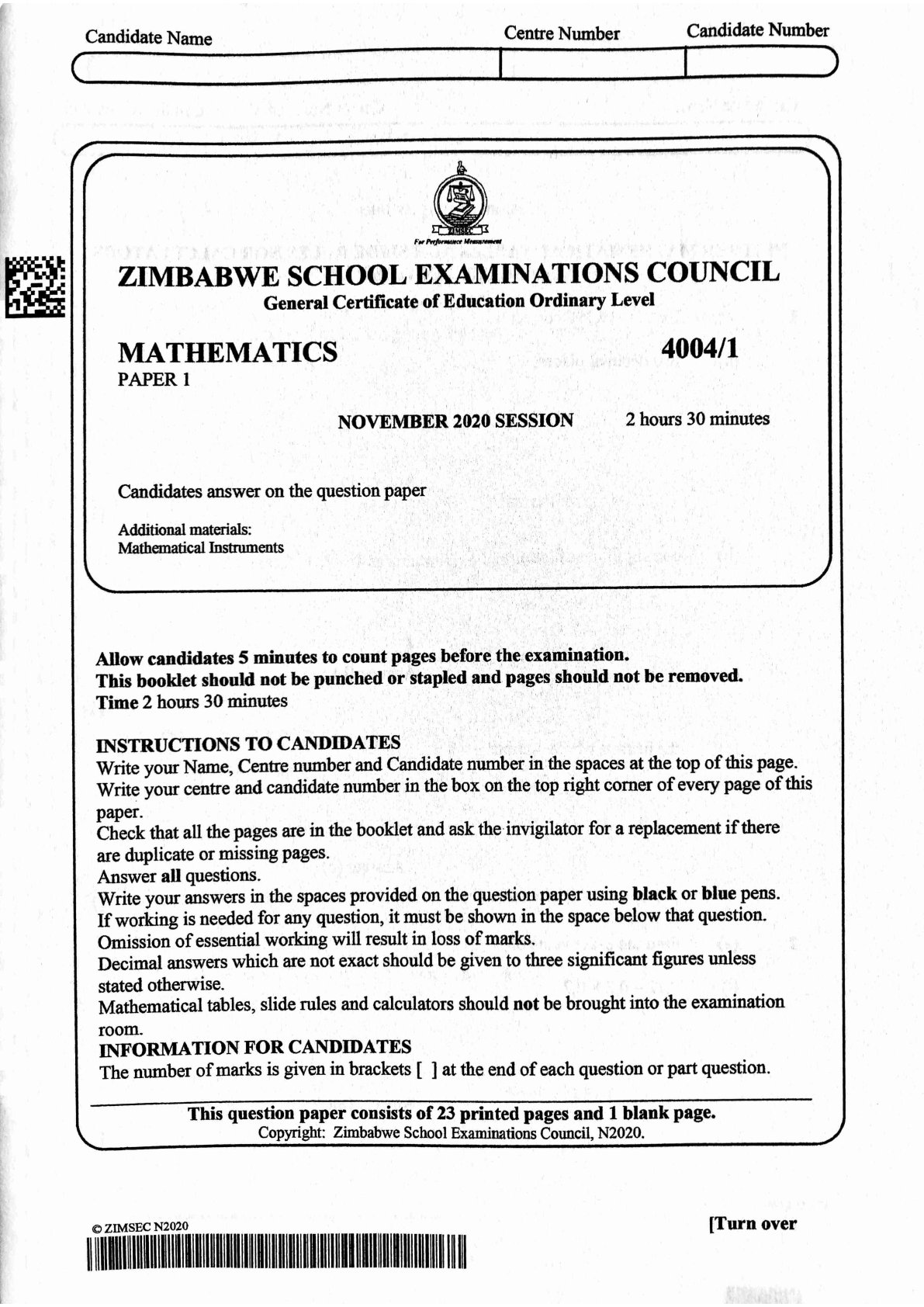 First page of ZIMSEC O-Level Mathematics Paper 1 November 2020 Question Paper