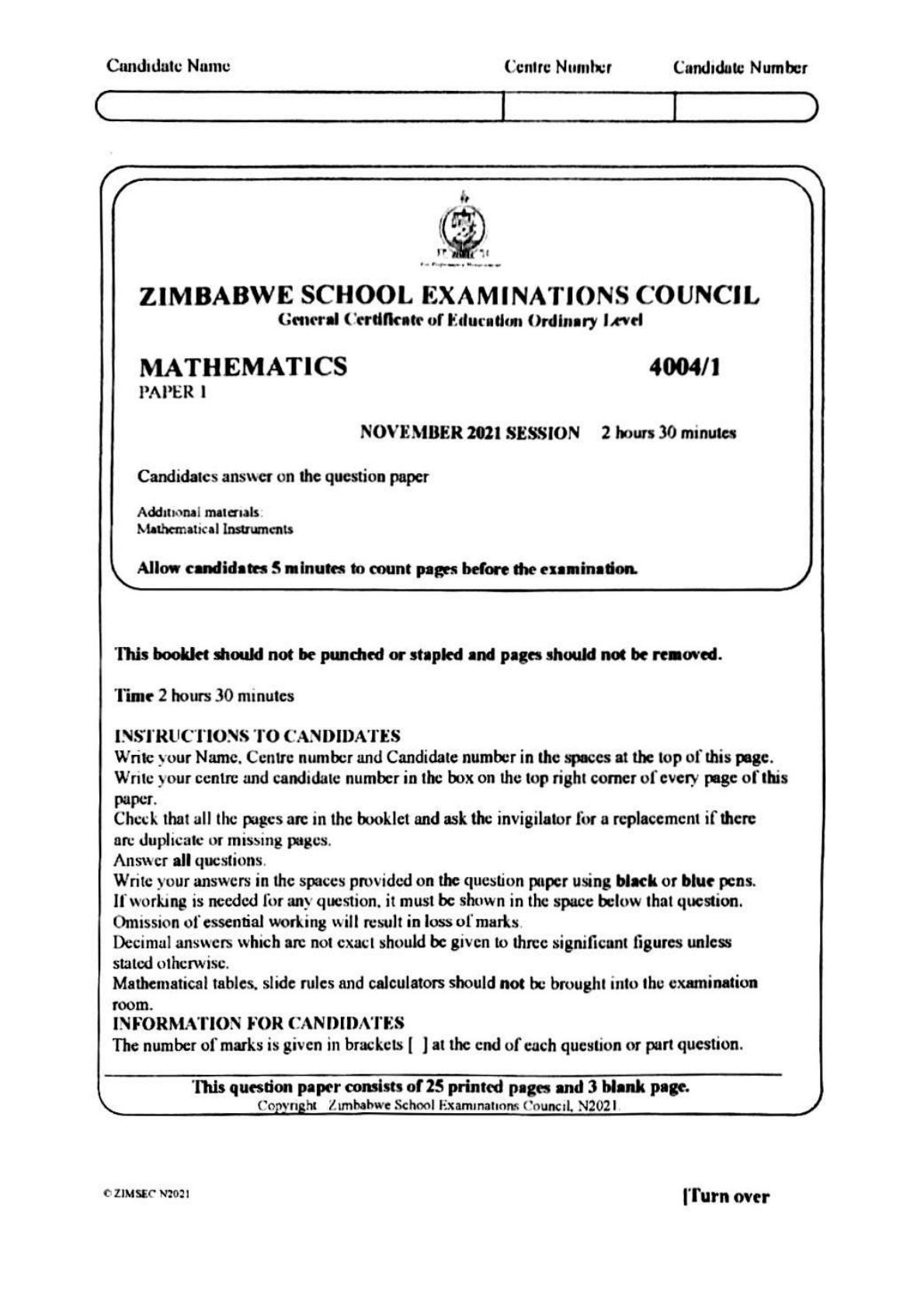 First page of ZIMSEC O-Level Mathematics Paper 1 November 2021 Question Paper