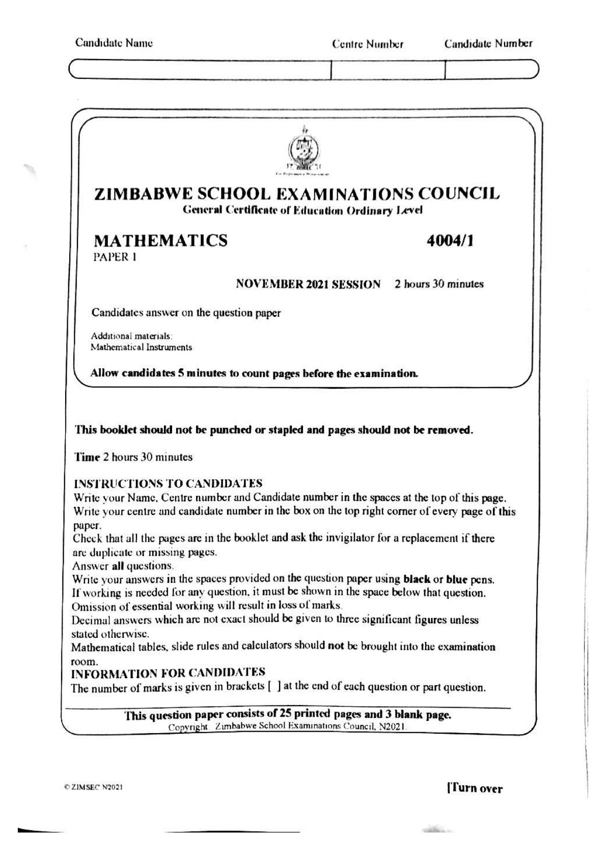First page of ZIMSEC O-Level Mathematics Paper 1 November 2021 Question Paper