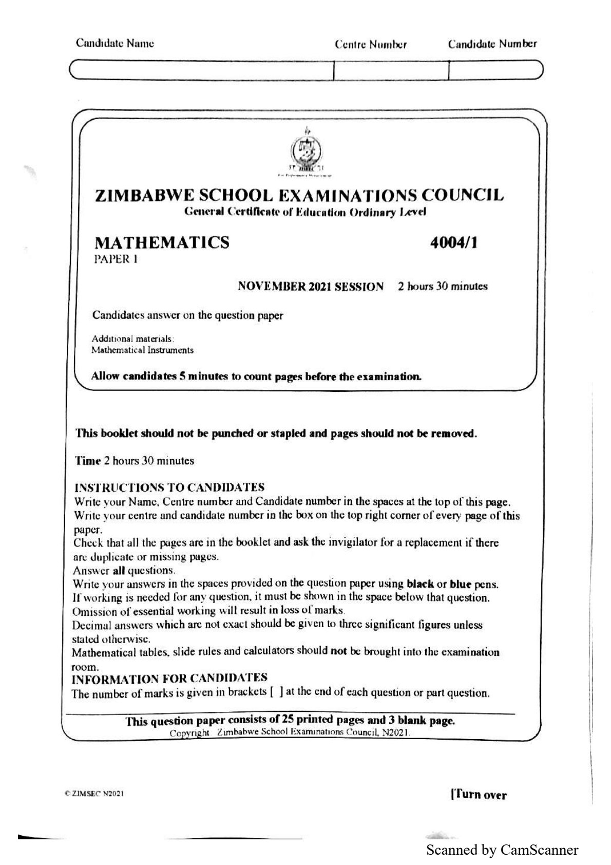 First page of ZIMSEC O-Level Mathematics Paper 1 November 2021 Question Paper