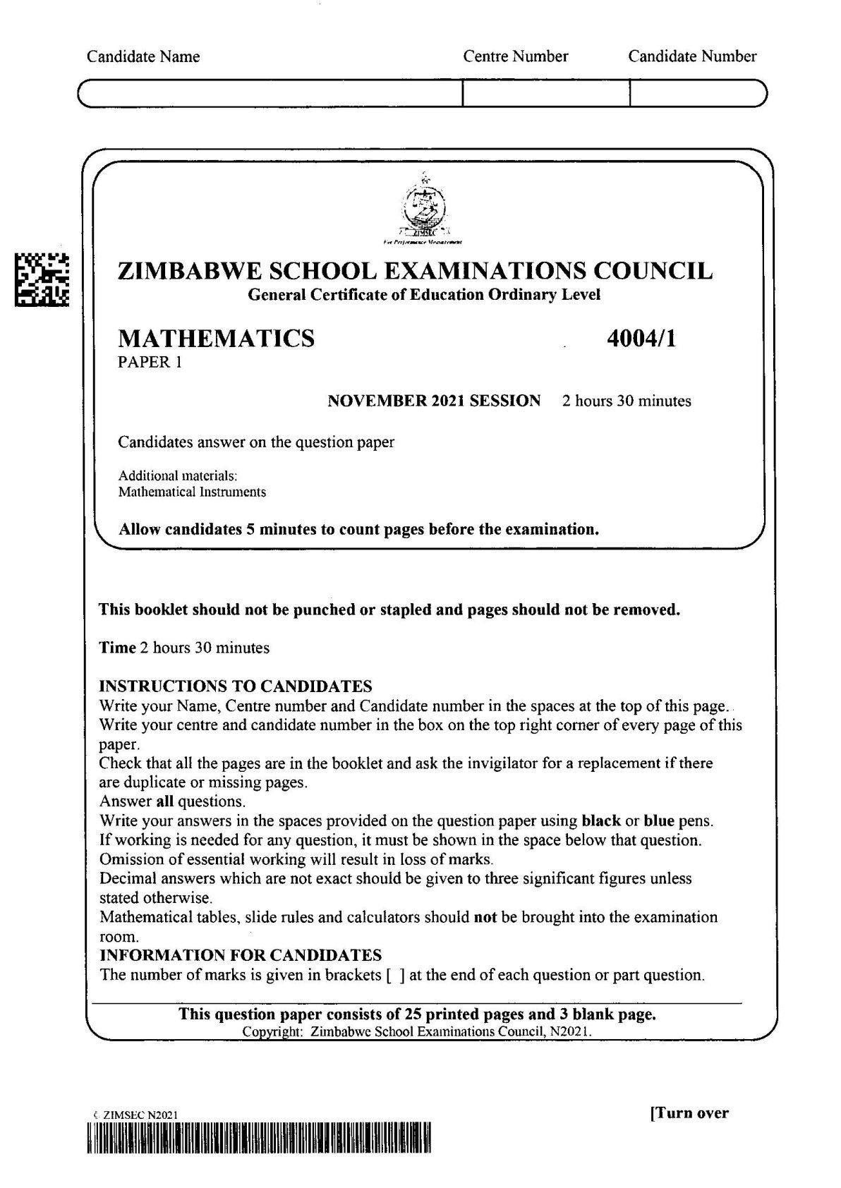 First page of ZIMSEC O-Level Mathematics Paper 1 November 2021 Question Paper