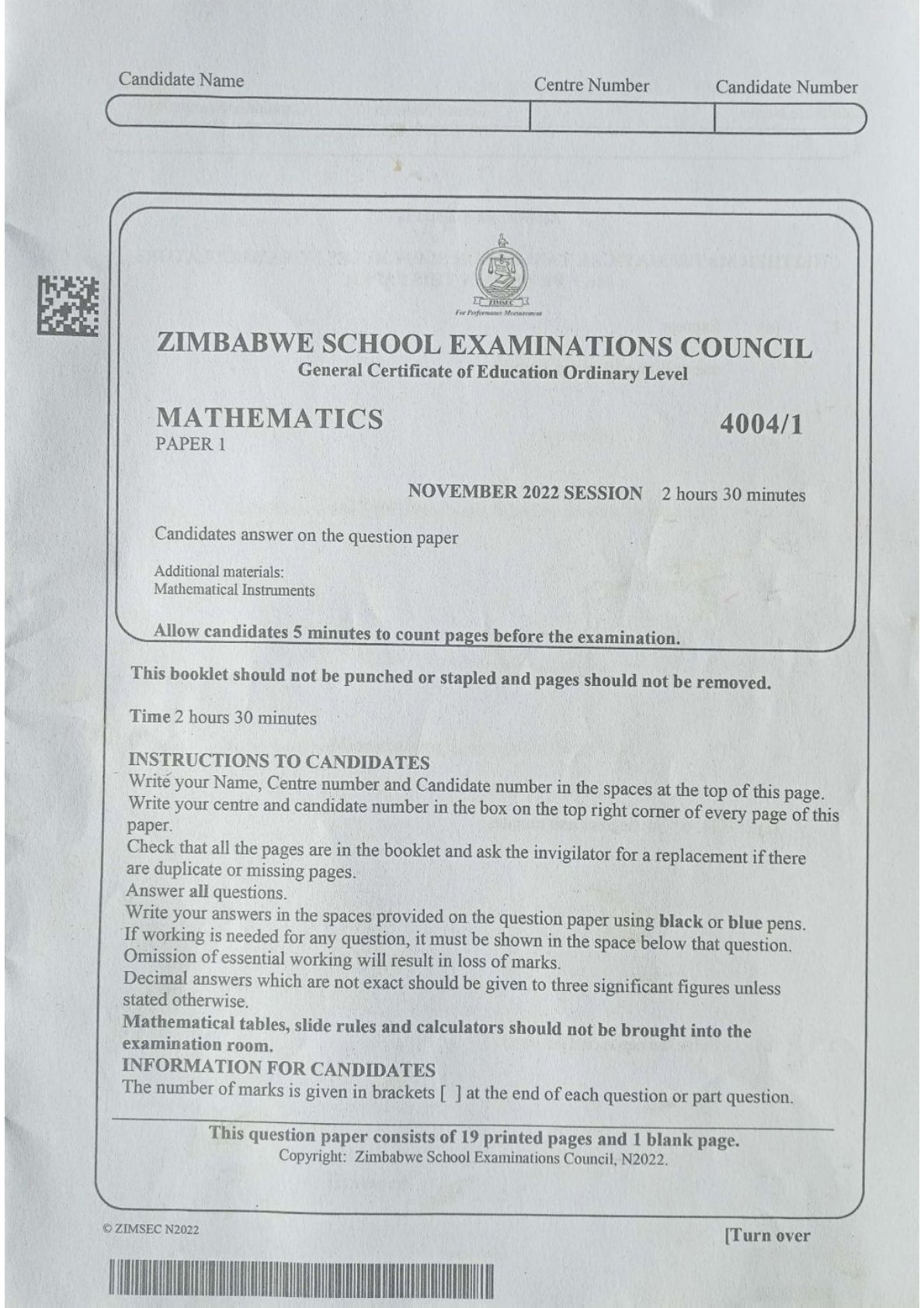 First page of ZIMSEC O-Level Mathematics Paper 1 November 2022 Question Paper