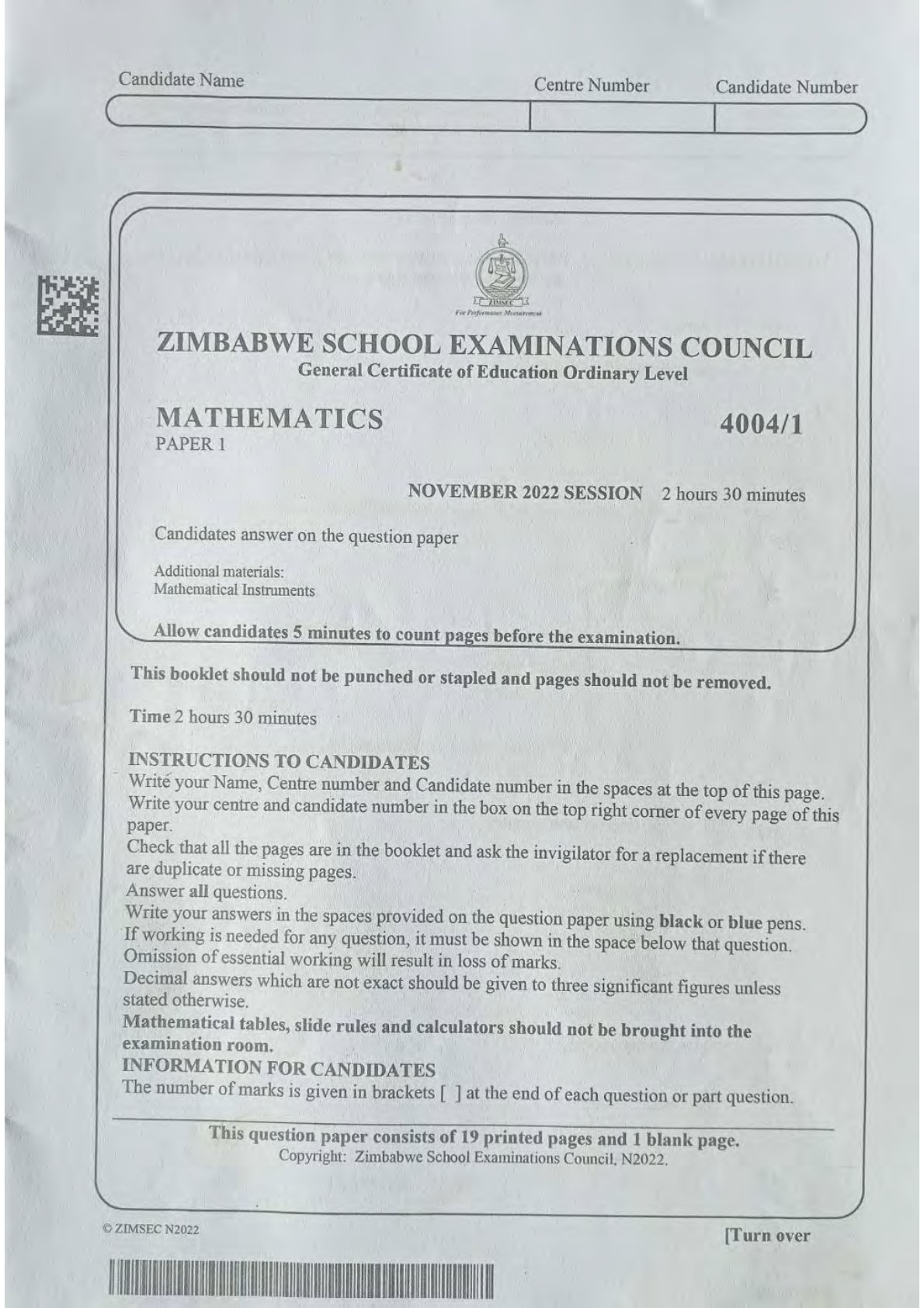 First page of ZIMSEC O-Level Mathematics Paper 1 November 2022 Question Paper