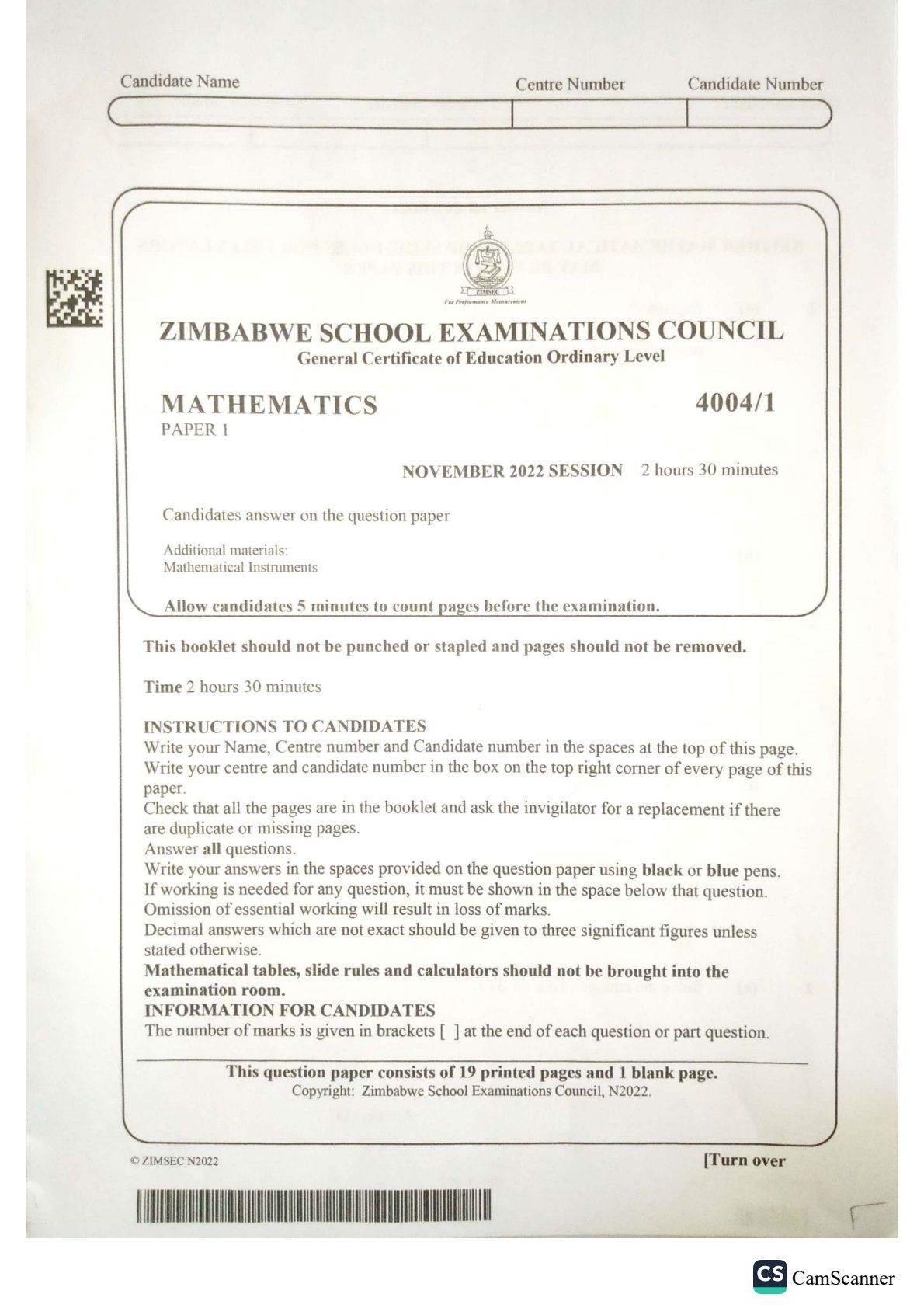 First page of ZIMSEC O-Level Mathematics Paper 1 November 2022 Question Paper