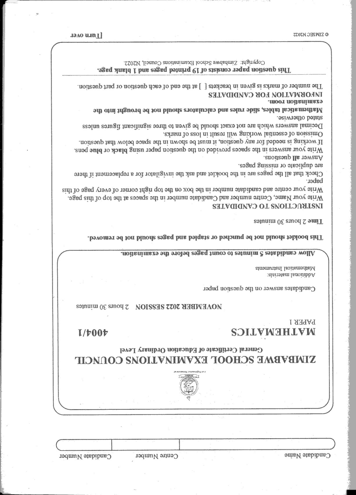 First page of ZIMSEC O-Level Mathematics Paper 1 November 2022 Question Paper