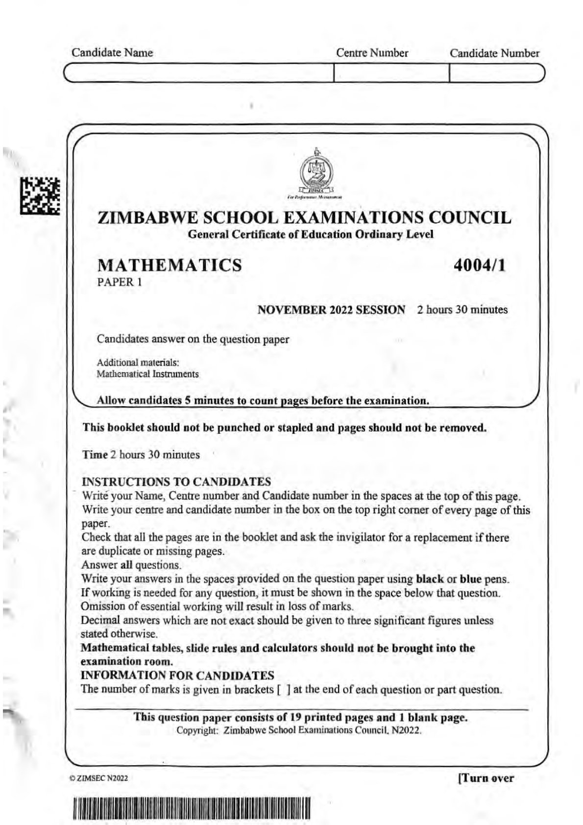 First page of ZIMSEC O-Level Mathematics Paper 1 November 2022 Question Paper