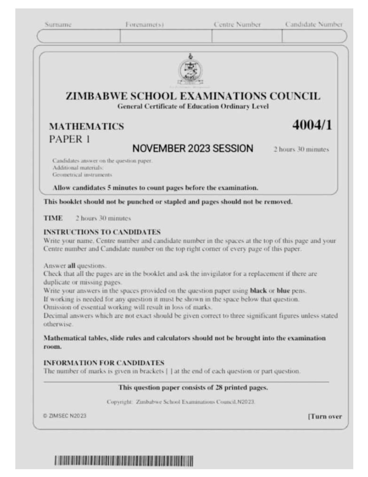 First page of ZIMSEC O-Level Mathematics Paper 1 November 2023 Question Paper