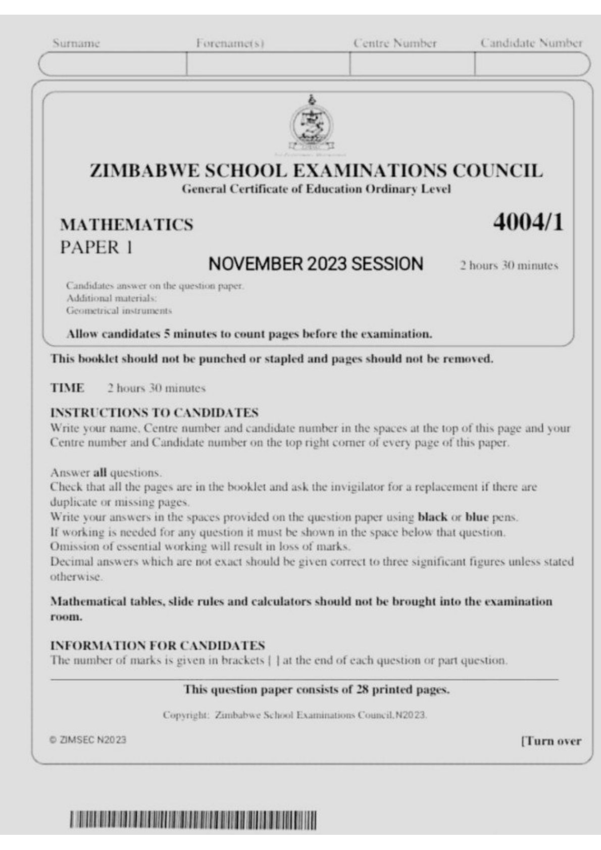 First page of ZIMSEC O-Level Mathematics Paper 1 November 2023 Question Paper