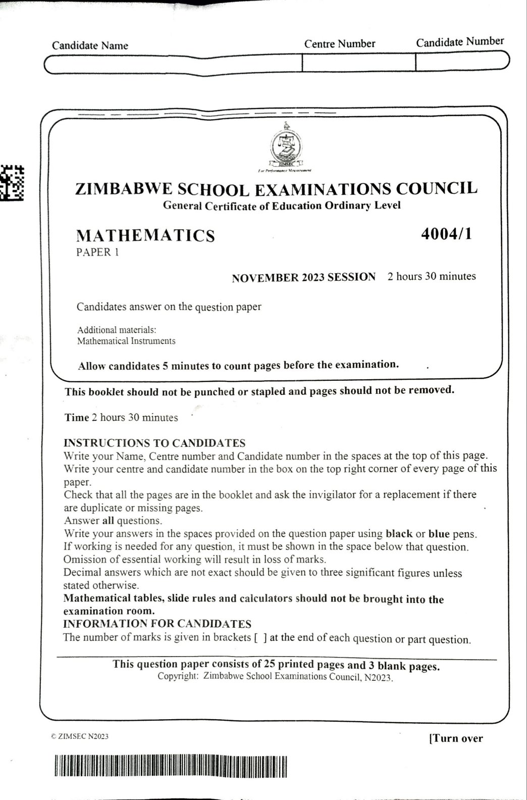 First page of ZIMSEC O-Level Mathematics Paper 1 November 2023 Question Paper