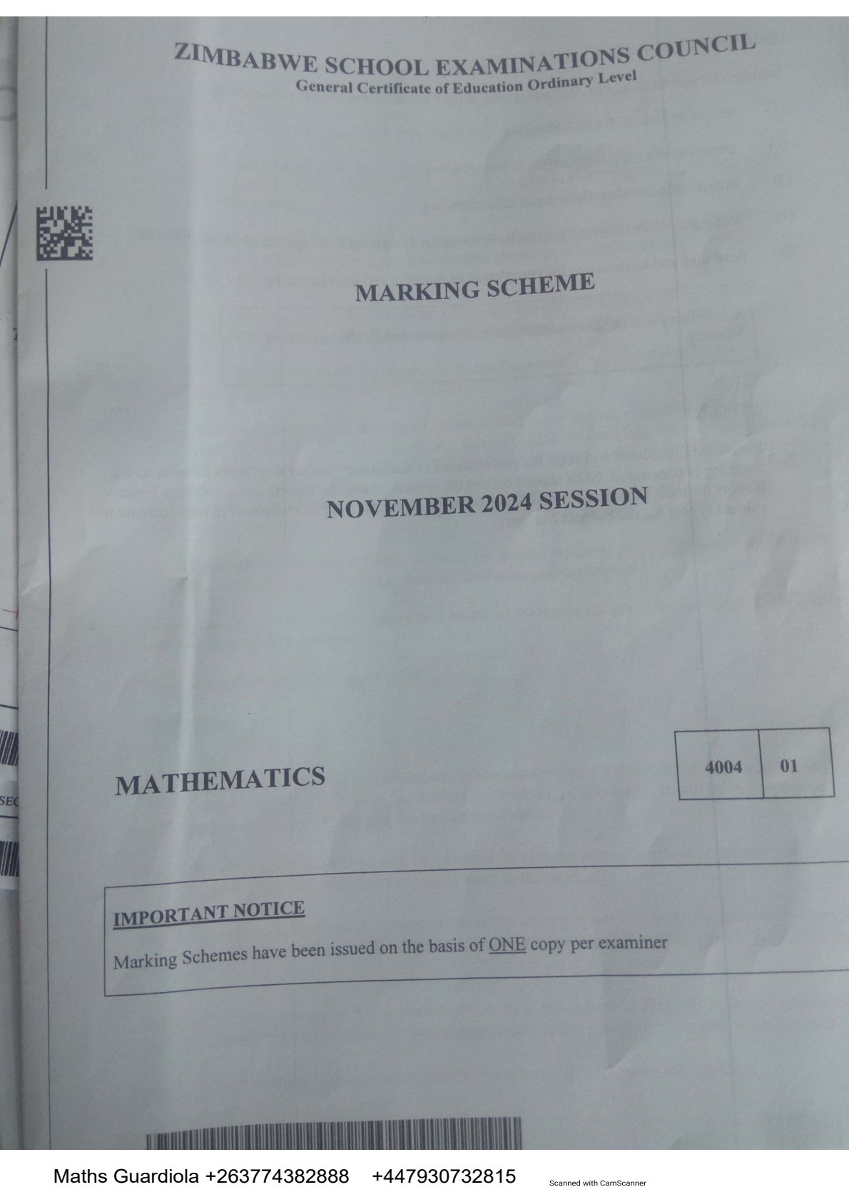 First page of ZIMSEC O-Level Mathematics Paper 1 November 2024 Marking Scheme
