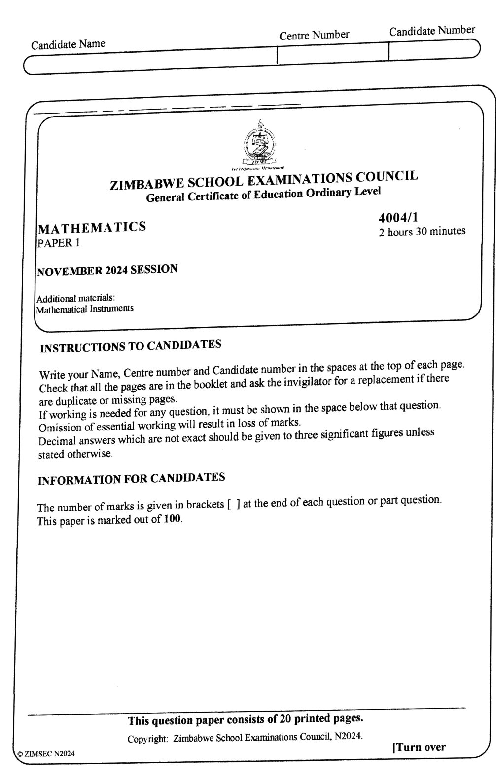 First page of ZIMSEC O-Level Mathematics Paper 1 November 2024 Question Paper