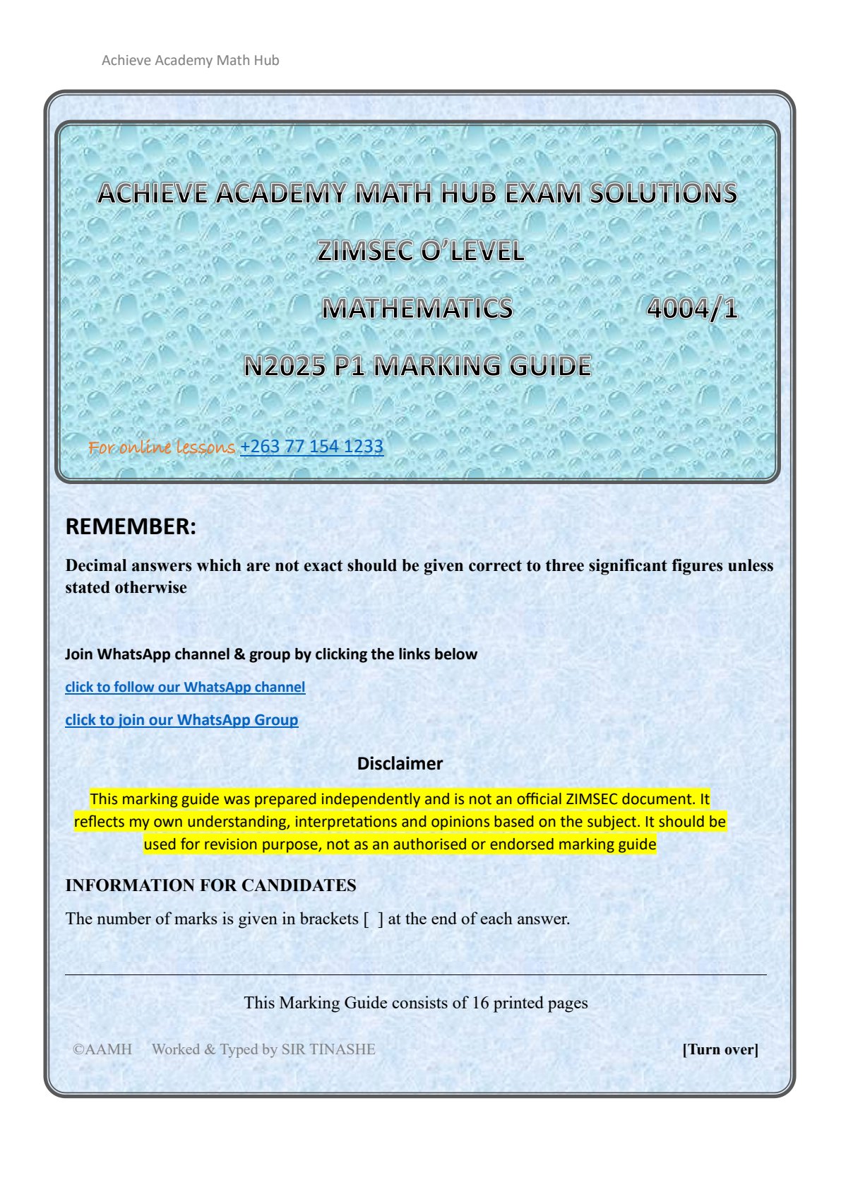 First page of ZIMSEC O-Level Mathematics Paper 1 November 2025 Marking Scheme