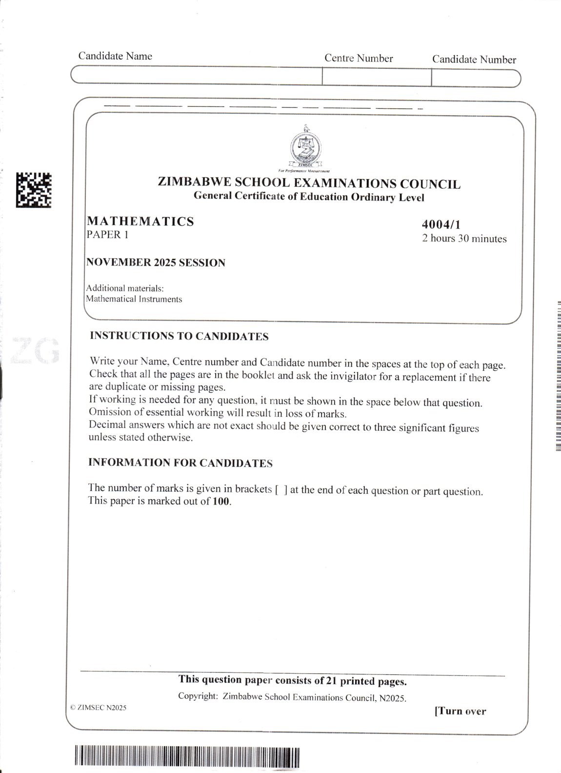 First page of ZIMSEC O-Level Mathematics Paper 1 November 2025 Question Paper
