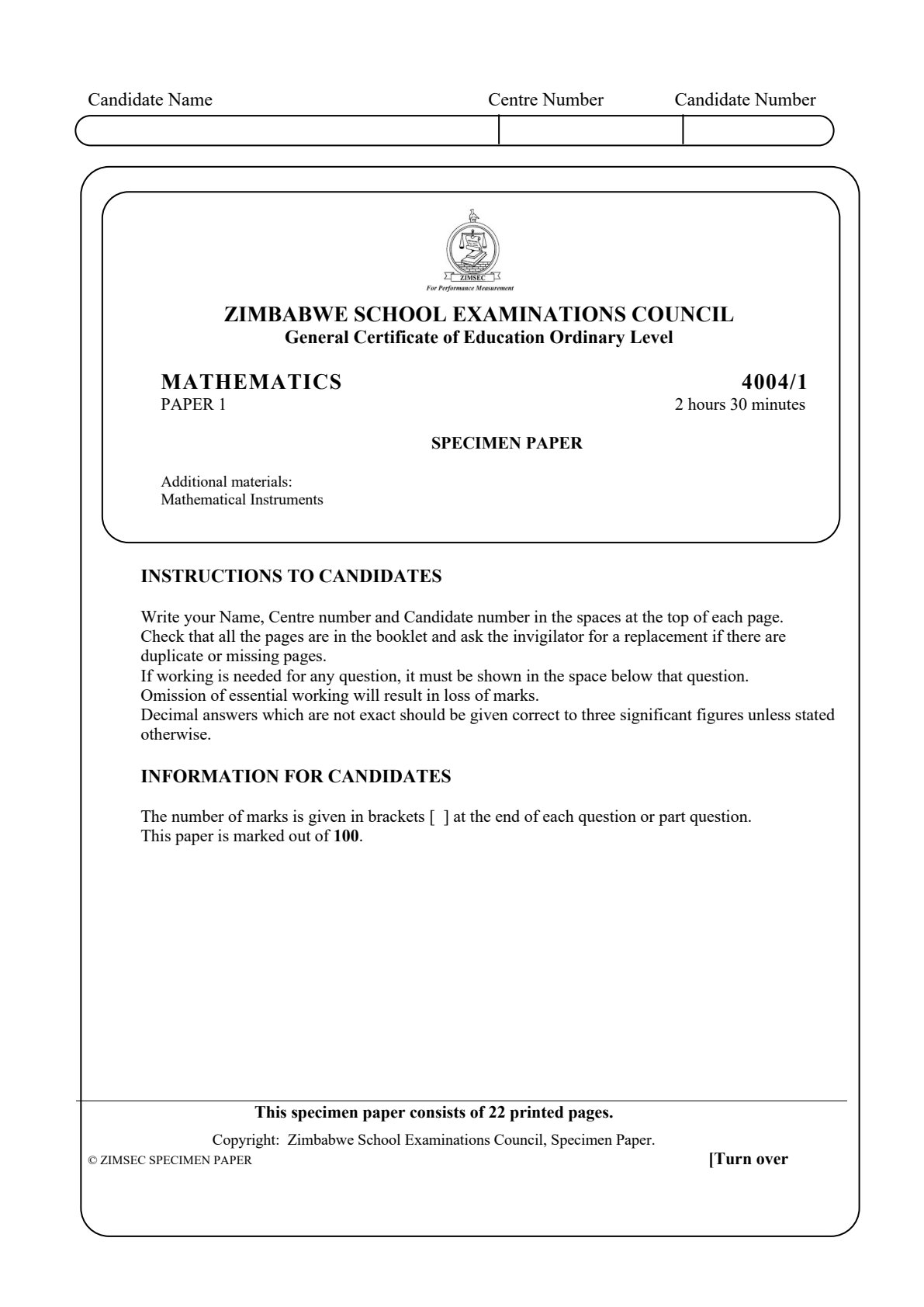 First page of ZIMSEC O-Level Mathematics Paper 1 Question Paper