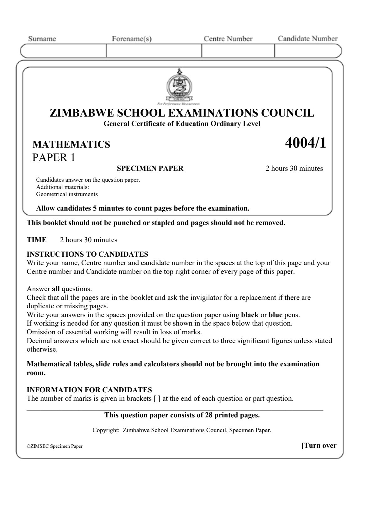 First page of ZIMSEC O-Level Mathematics Paper 1 Question Paper