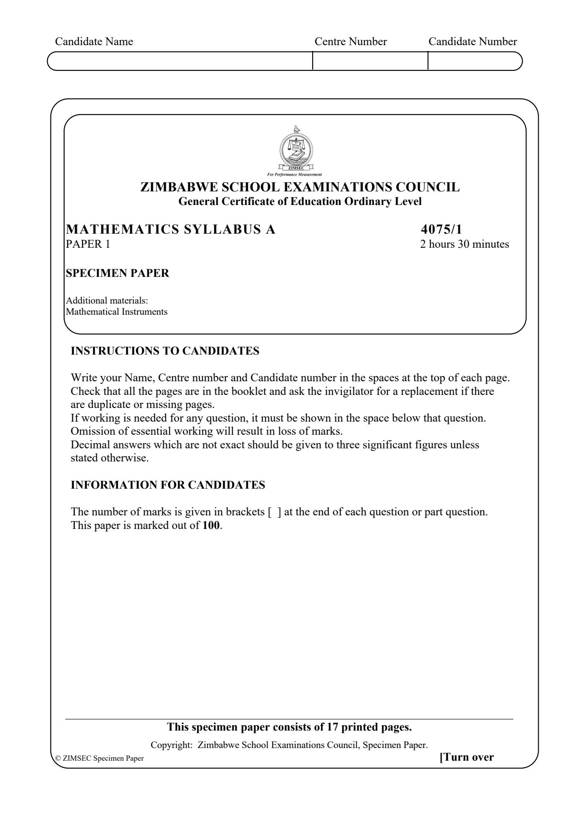 First page of ZIMSEC O-Level Mathematics Paper 1 Question Paper