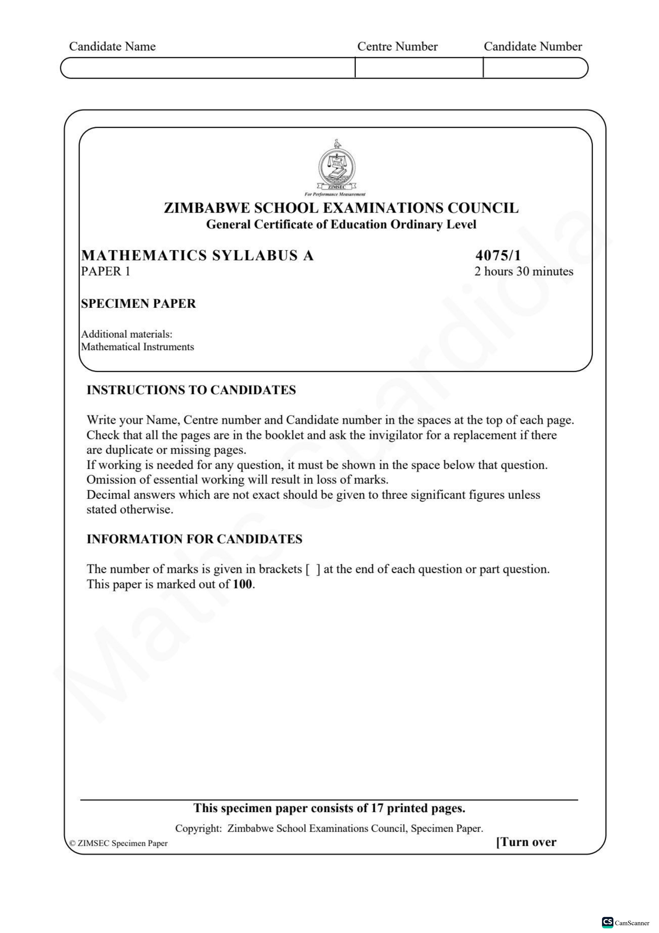 First page of ZIMSEC O-Level Mathematics Paper 1 Question Paper