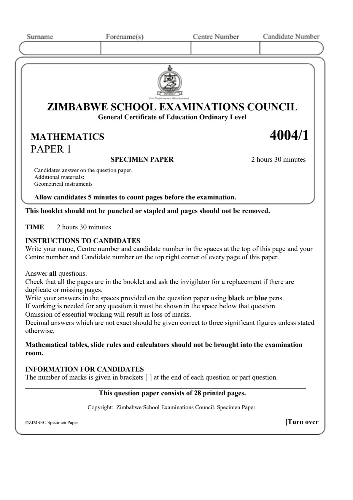 First page of ZIMSEC O-Level Mathematics Paper 1 Question Paper