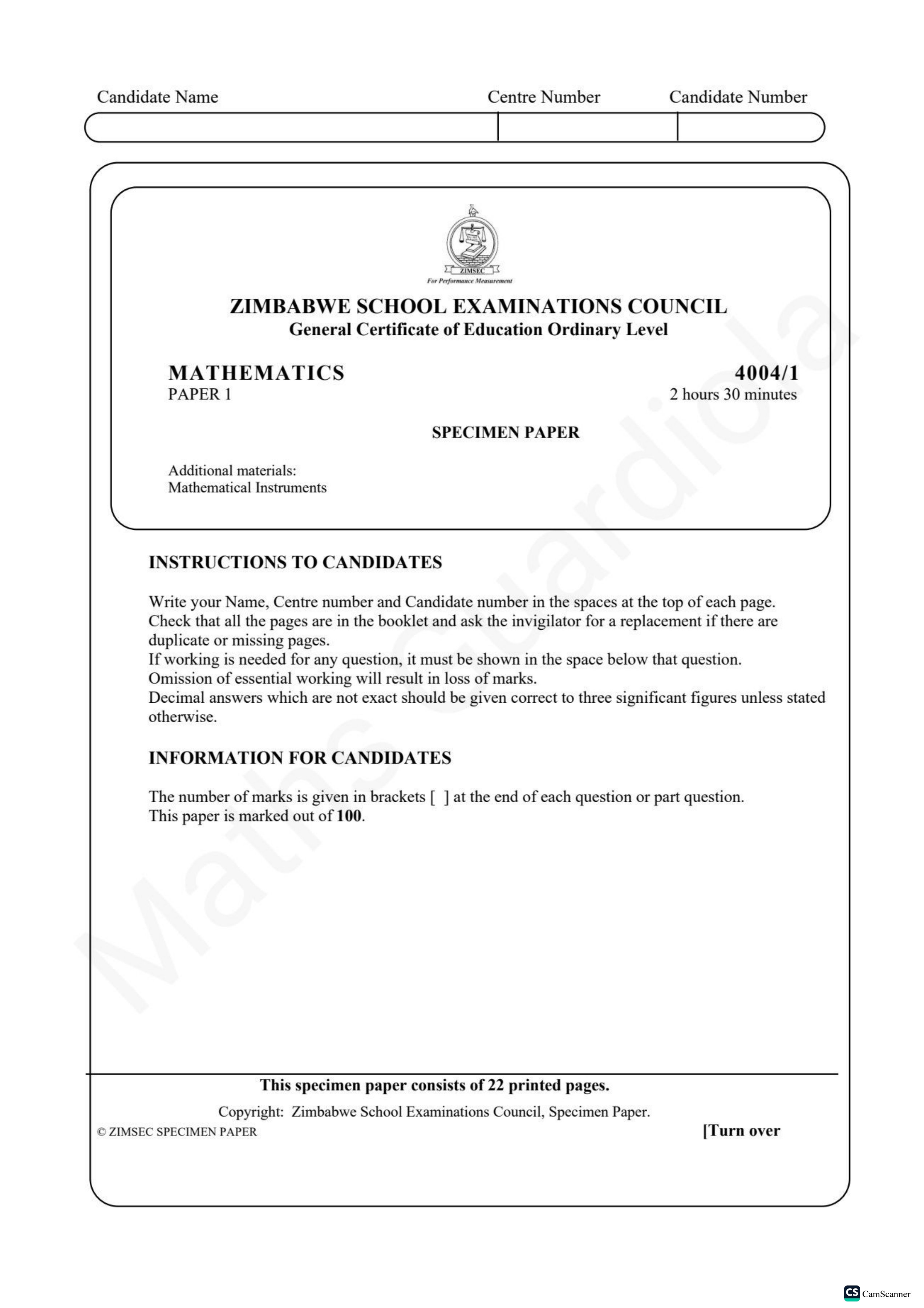 First page of ZIMSEC O-Level Mathematics Paper 1 Specimen Question Paper
