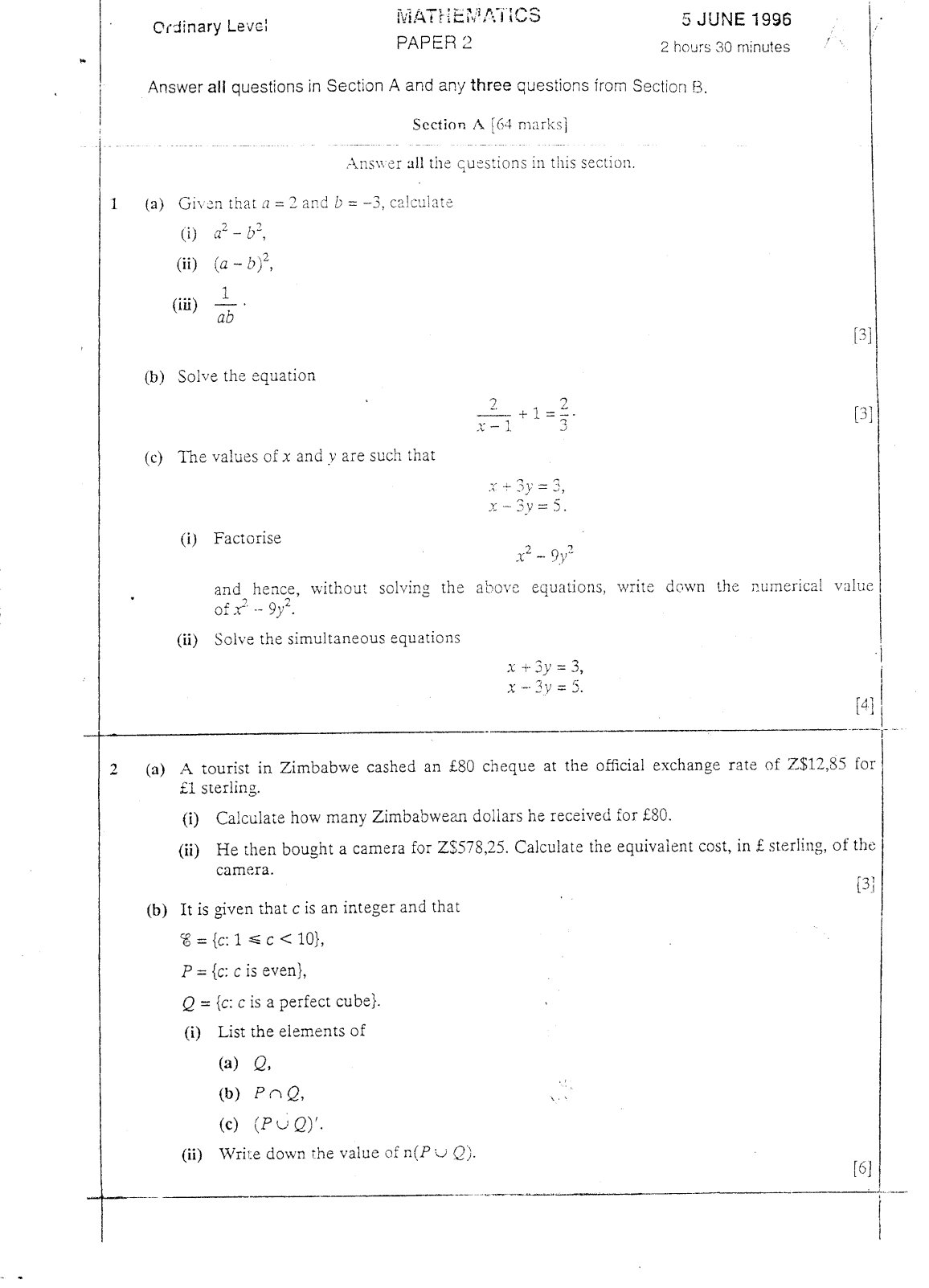First page of ZIMSEC O-Level Mathematics Paper 2 June 1996 Question Paper