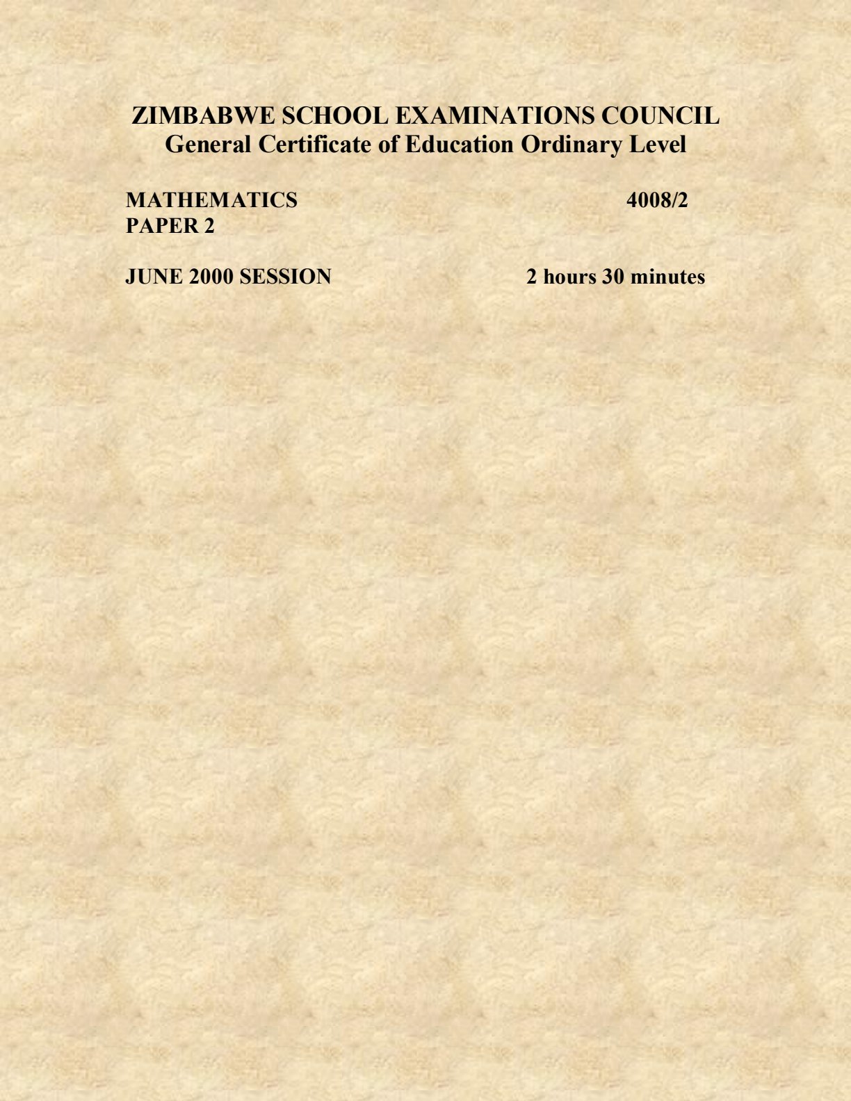 First page of ZIMSEC O-Level Mathematics Paper 2 June 2000 Question Paper
