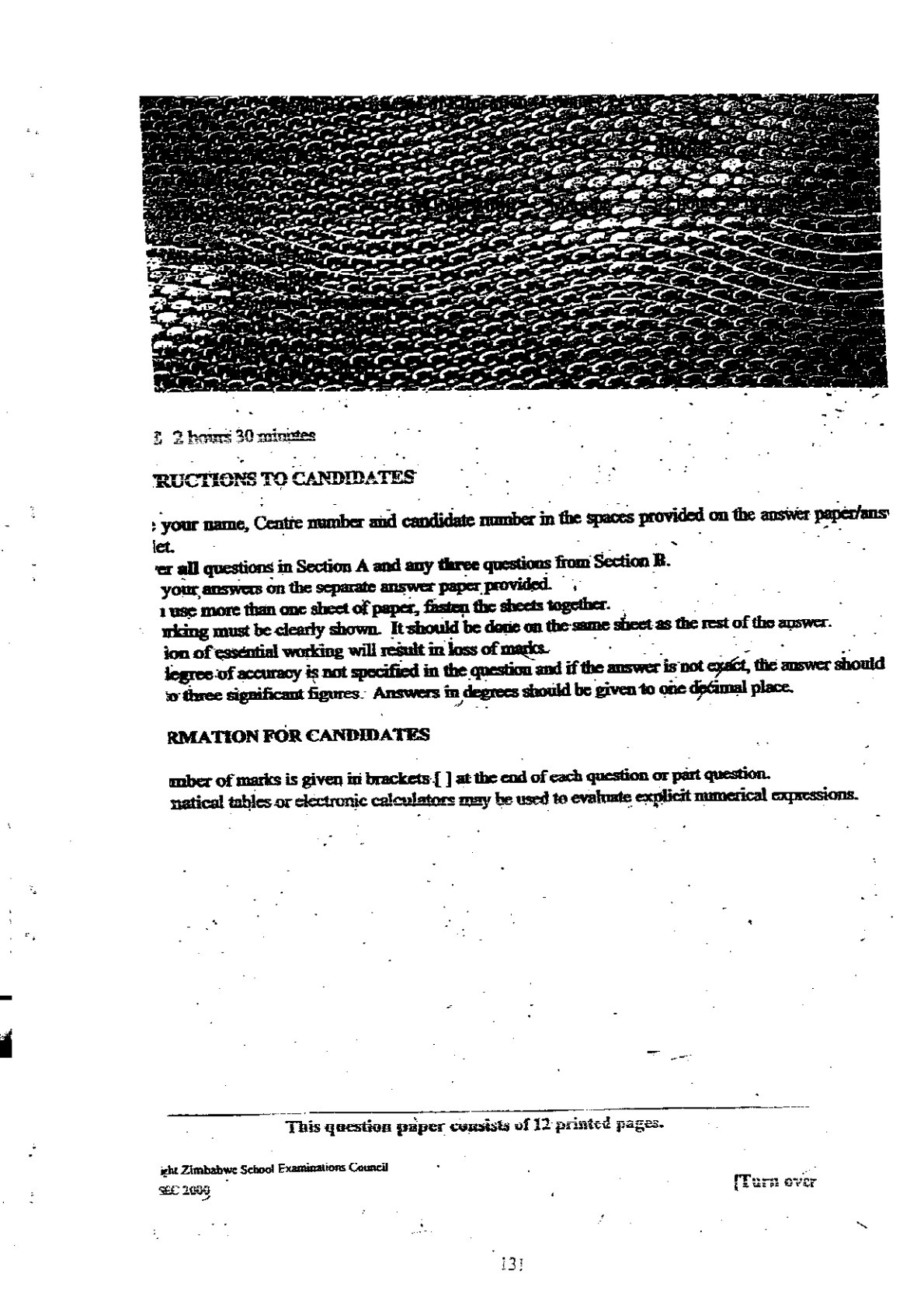 First page of ZIMSEC O-Level Mathematics Paper 2 June 2000 Question Paper