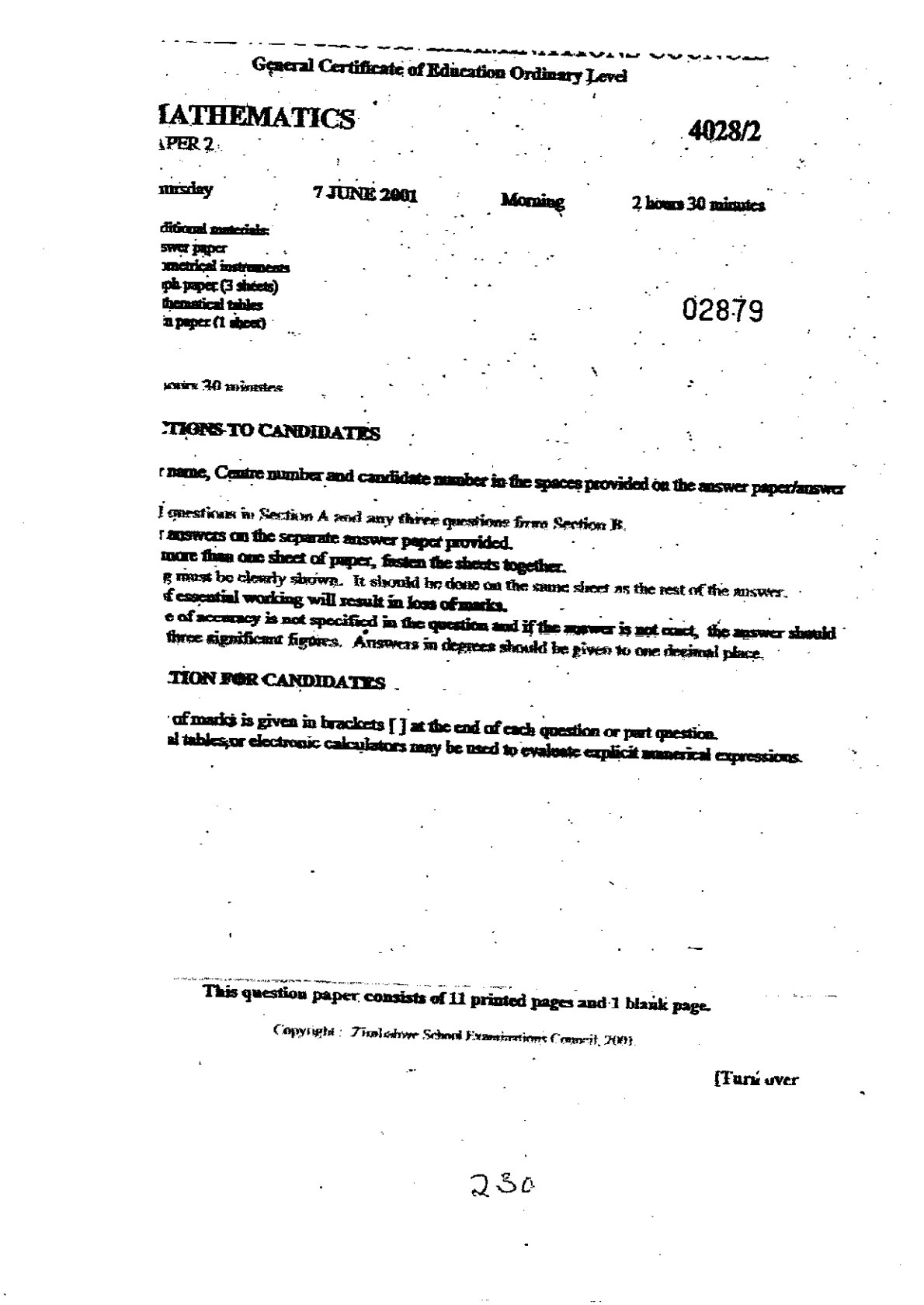 First page of ZIMSEC O-Level Mathematics Paper 2 June 2001 Question Paper