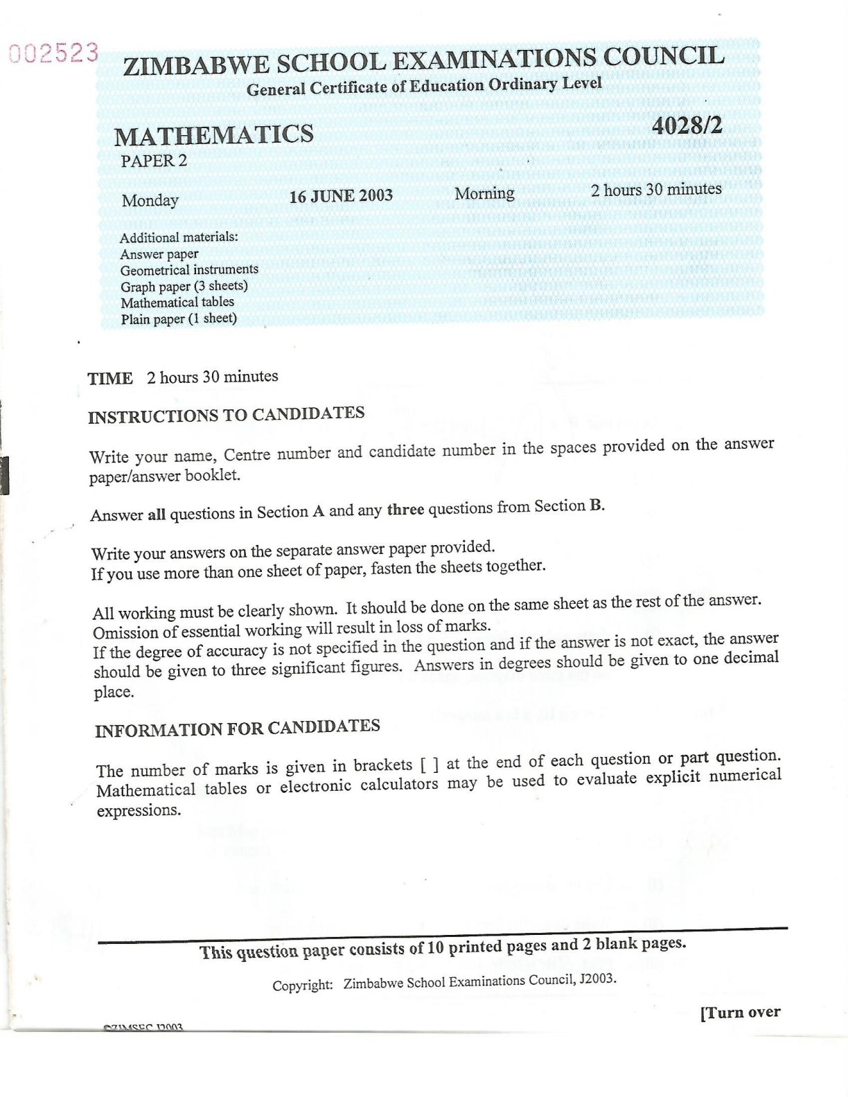 First page of ZIMSEC O-Level Mathematics Paper 2 June 2003 Question Paper