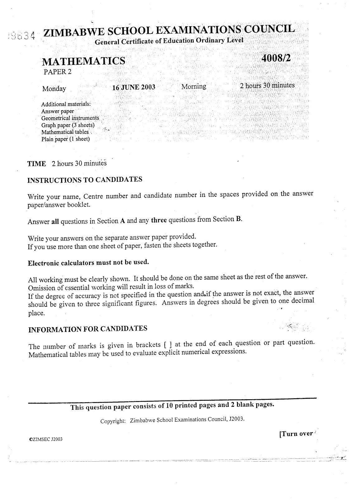 First page of ZIMSEC O-Level Mathematics Paper 2 June 2003 Question Paper