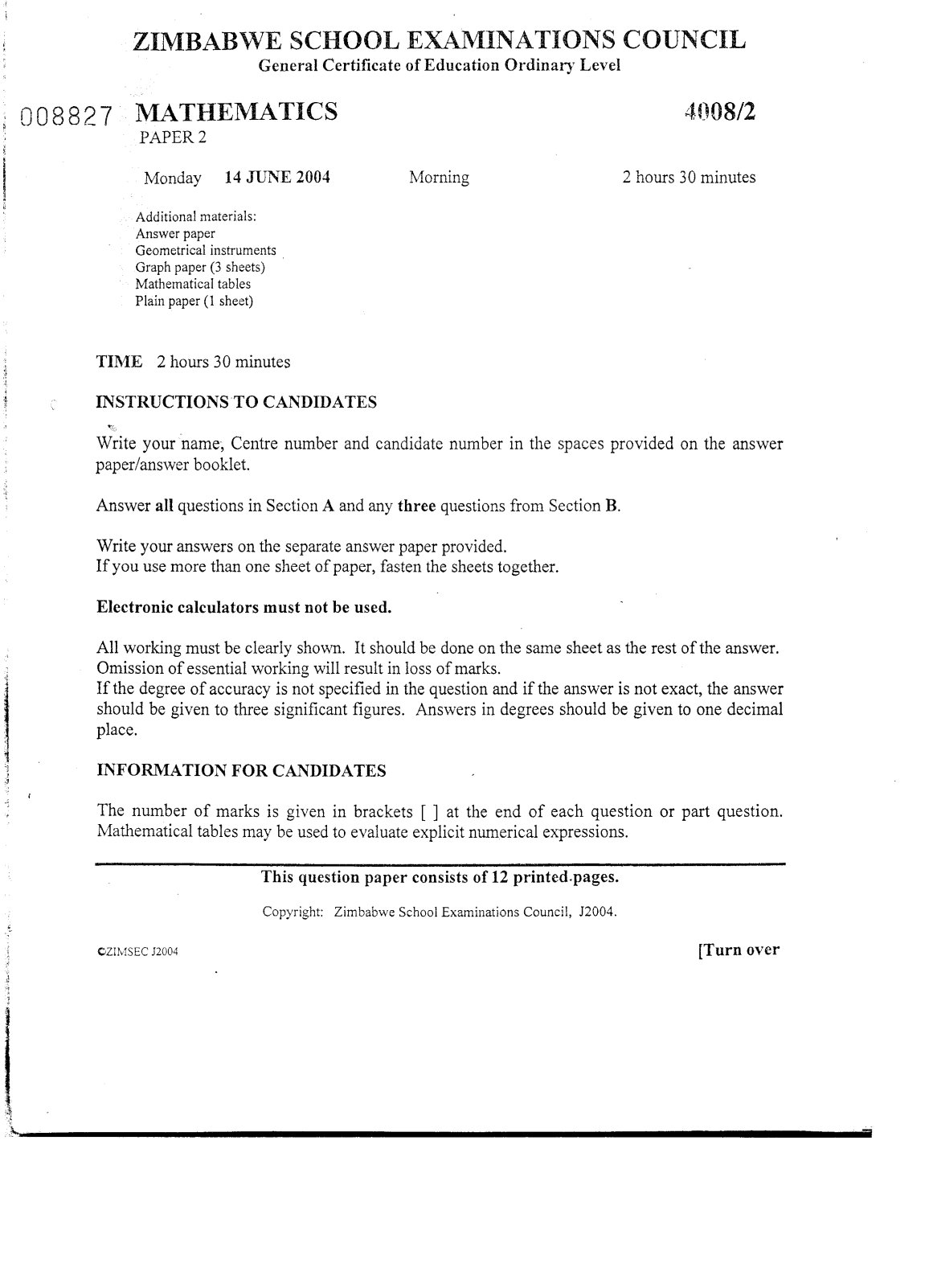 First page of ZIMSEC O-Level Mathematics Paper 2 June 2004 Question Paper
