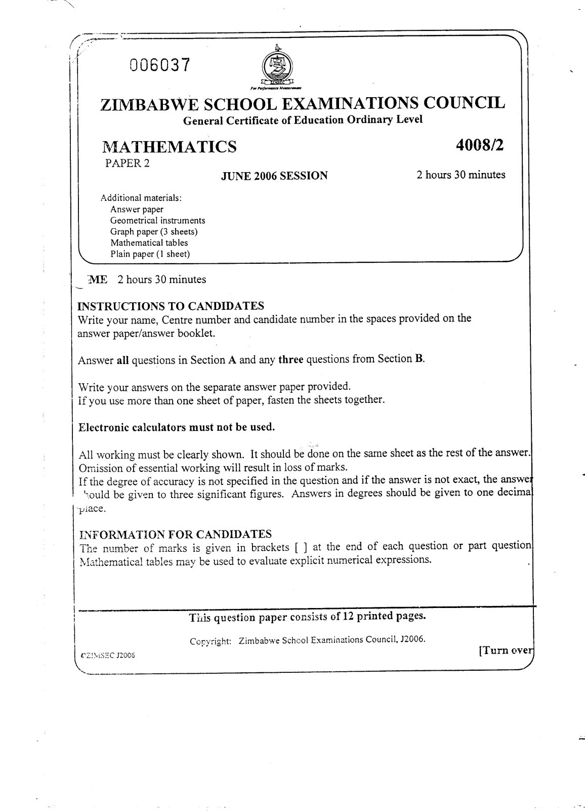 First page of ZIMSEC O-Level Mathematics Paper 2 June 2006 Question Paper