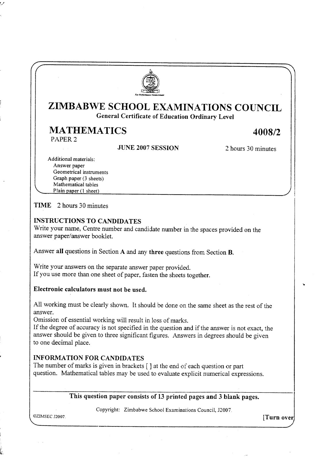 First page of ZIMSEC O-Level Mathematics Paper 2 June 2007 Question Paper