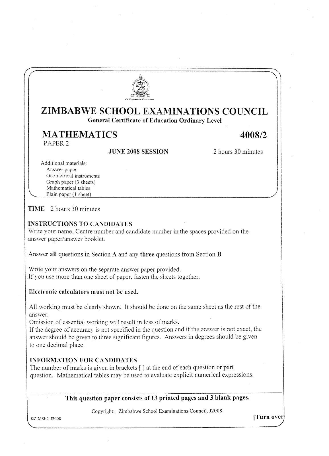 First page of ZIMSEC O-Level Mathematics Paper 2 June 2008 Question Paper