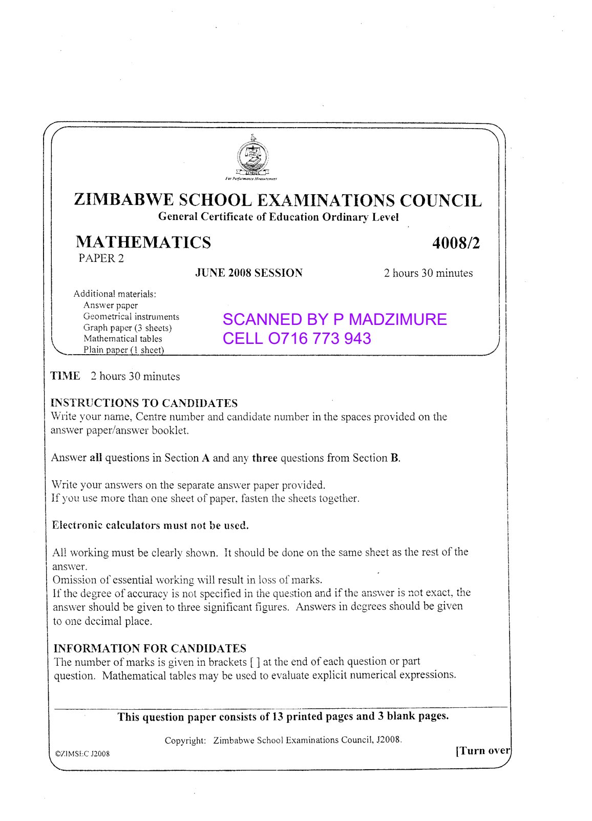 First page of ZIMSEC O-Level Mathematics Paper 2 June 2008 Question Paper