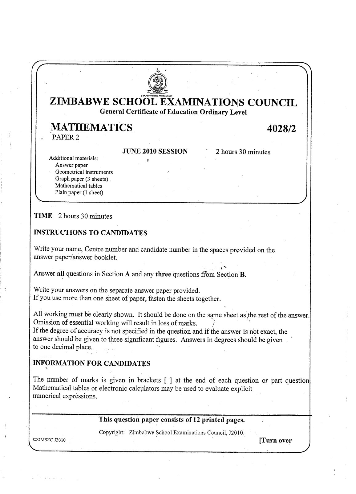 First page of ZIMSEC O-Level Mathematics Paper 2 June 2010 Question Paper