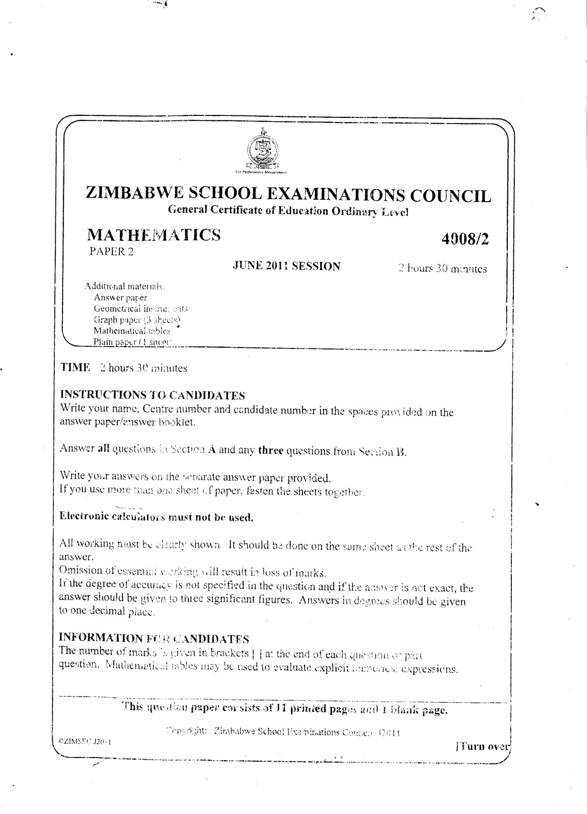 First page of ZIMSEC O-Level Mathematics Paper 2 June 2011 Question Paper