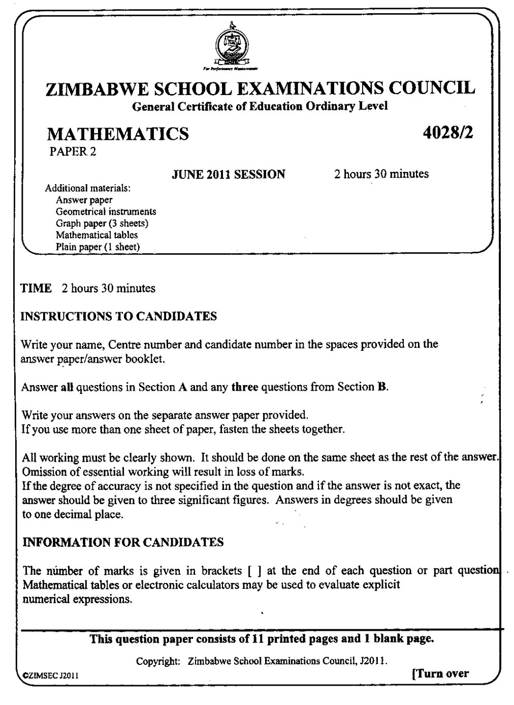 First page of ZIMSEC O-Level Mathematics Paper 2 June 2011 Question Paper