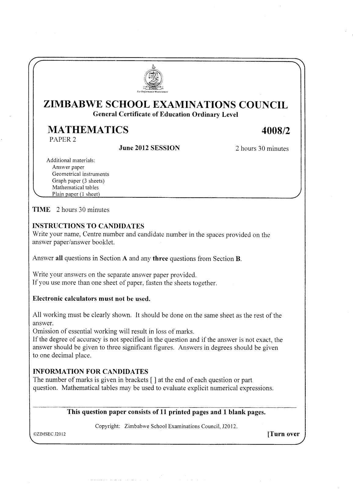 First page of ZIMSEC O-Level Mathematics Paper 2 June 2012 Question Paper