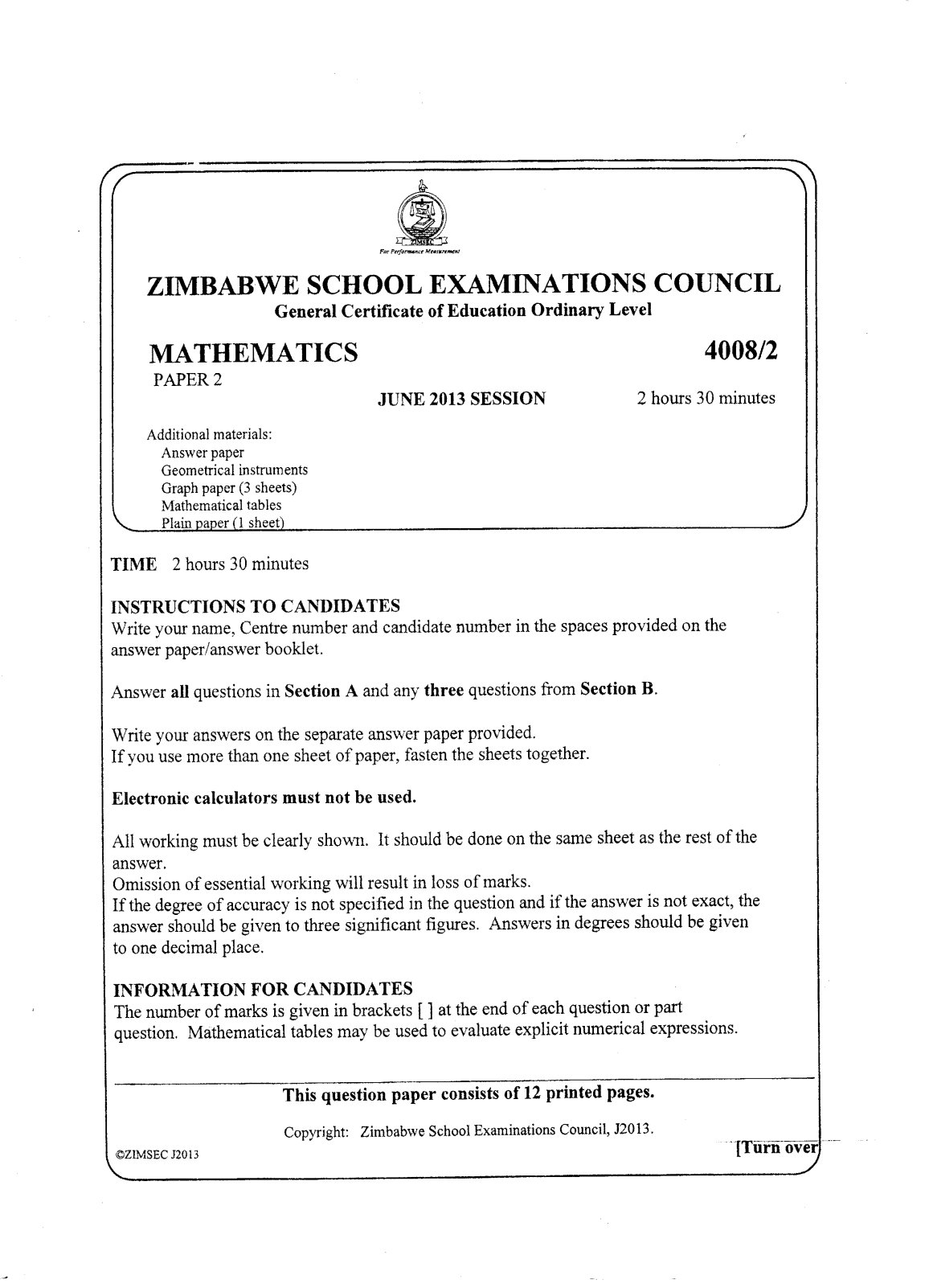 First page of ZIMSEC O-Level Mathematics Paper 2 June 2013 Question Paper
